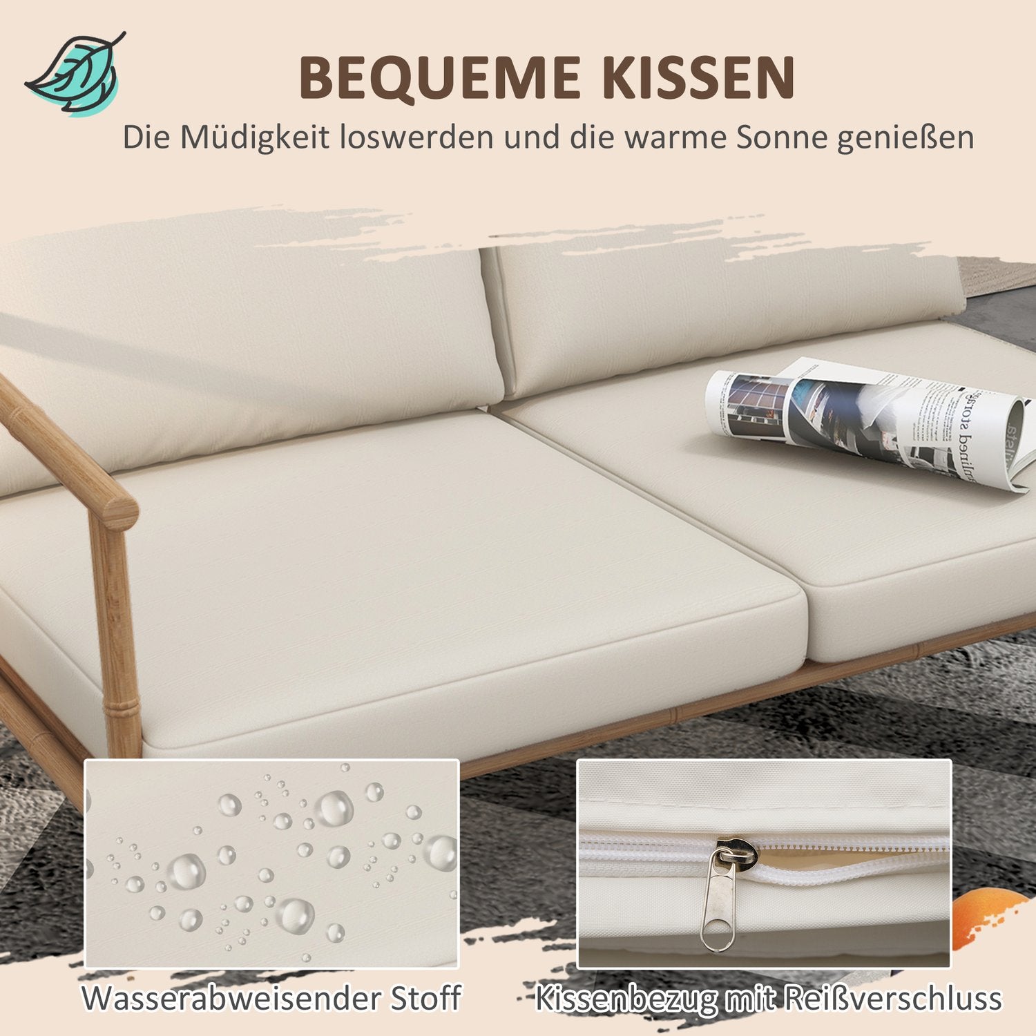 Tuinmeubelset – 2 stoelen, bank en tafel, crèmekleurige kussens