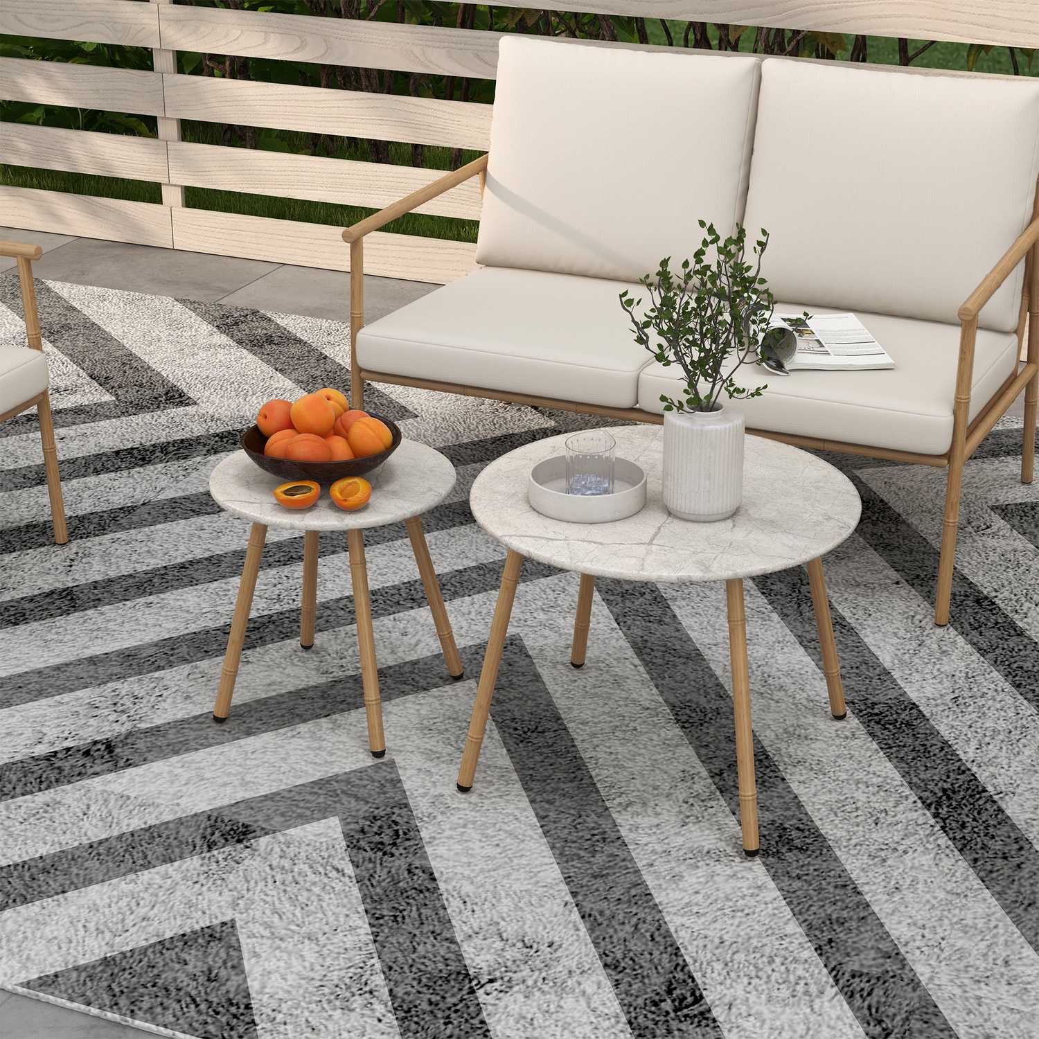 Tuinmeubelset – 2 stoelen, bank en tafel, crèmekleurige kussens