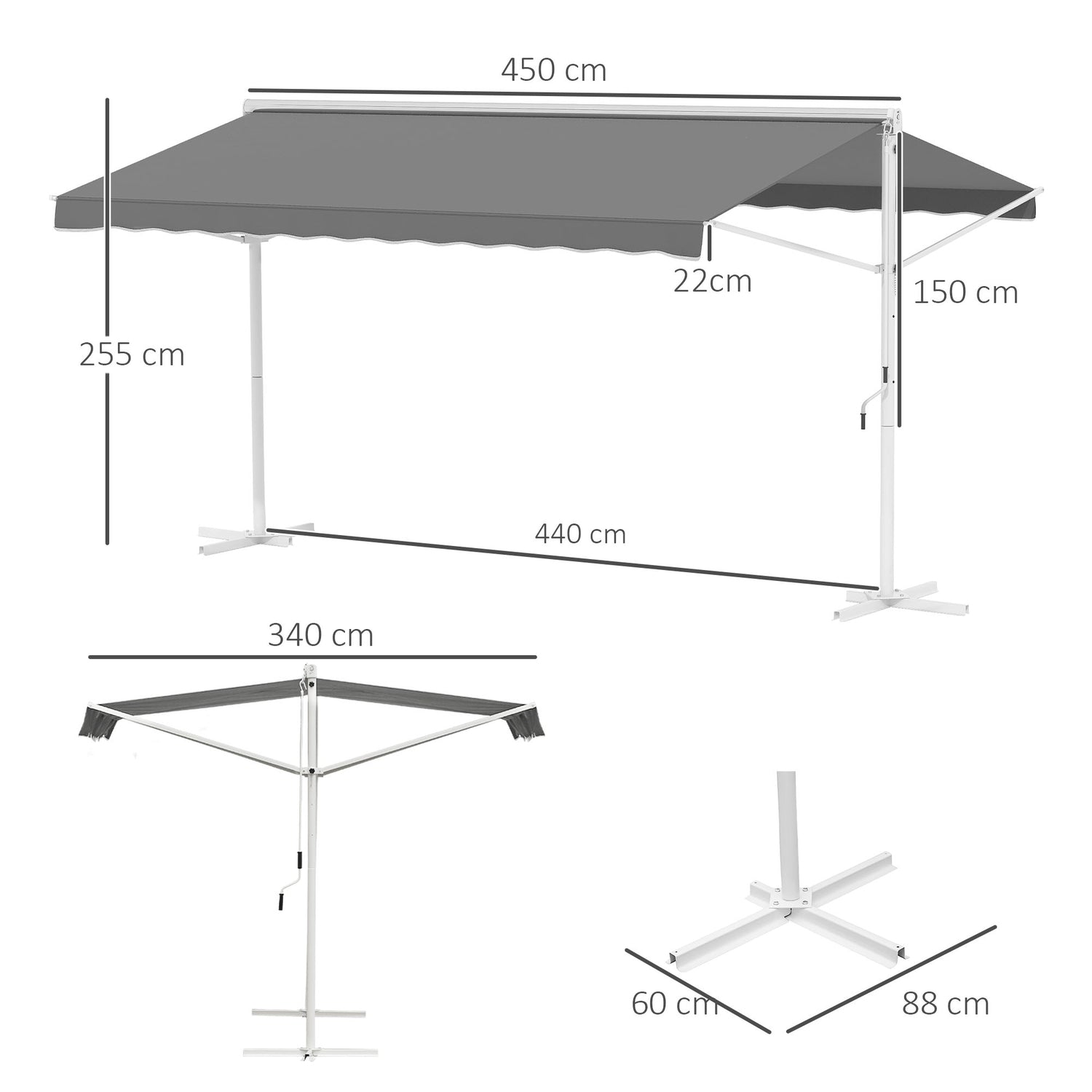 Terras Tuinknikarmscherm, 4,5x3,4M, Grijs