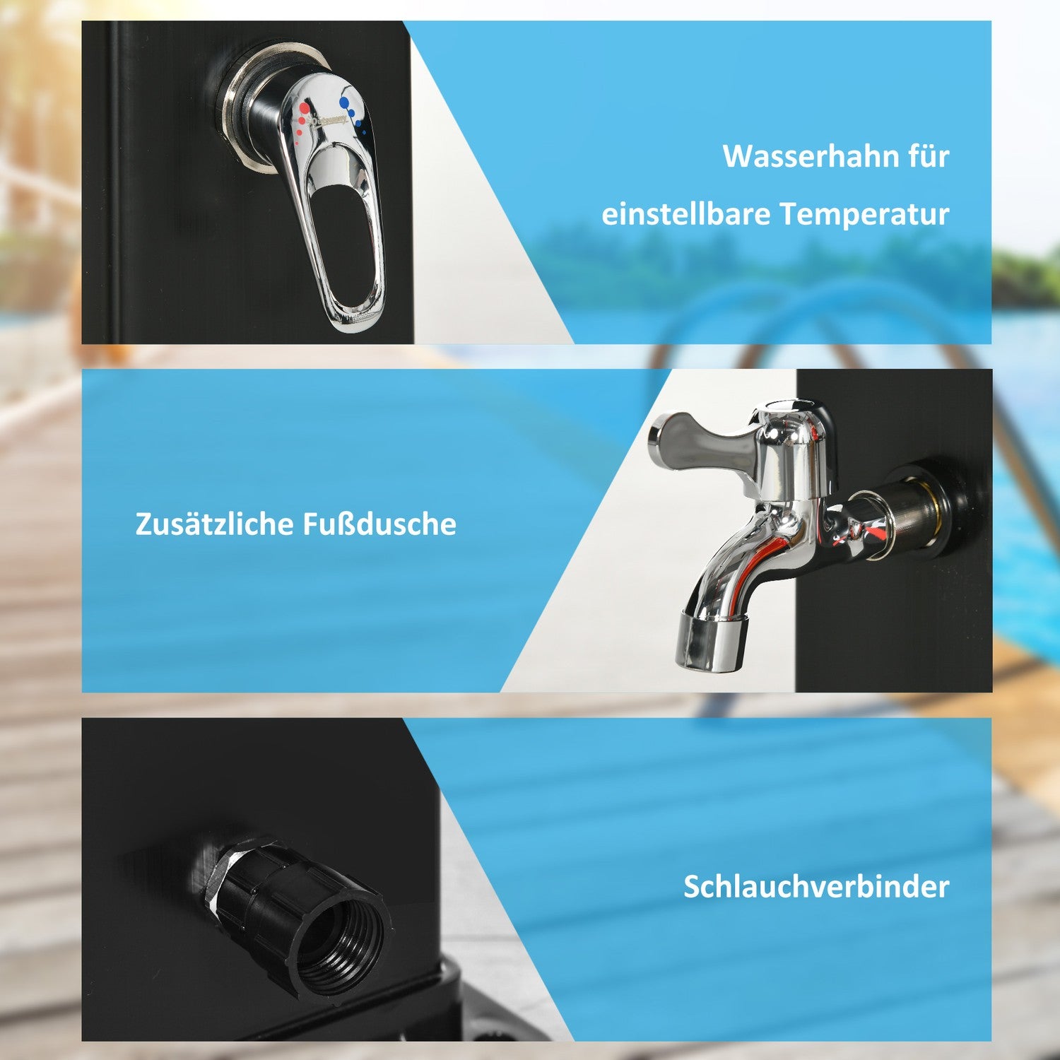 Buitendouche op zonne-energie 40L, voet- en regendouche, 60°C water