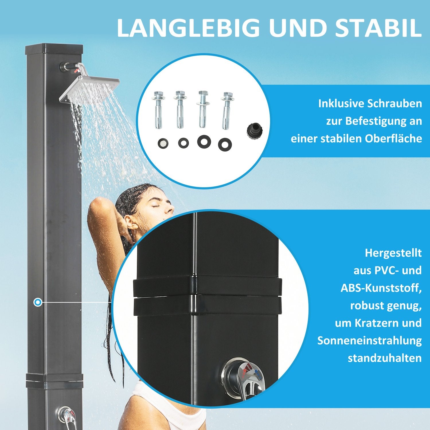 Buitendouche op zonne-energie 40L, voet- en regendouche, 60°C water