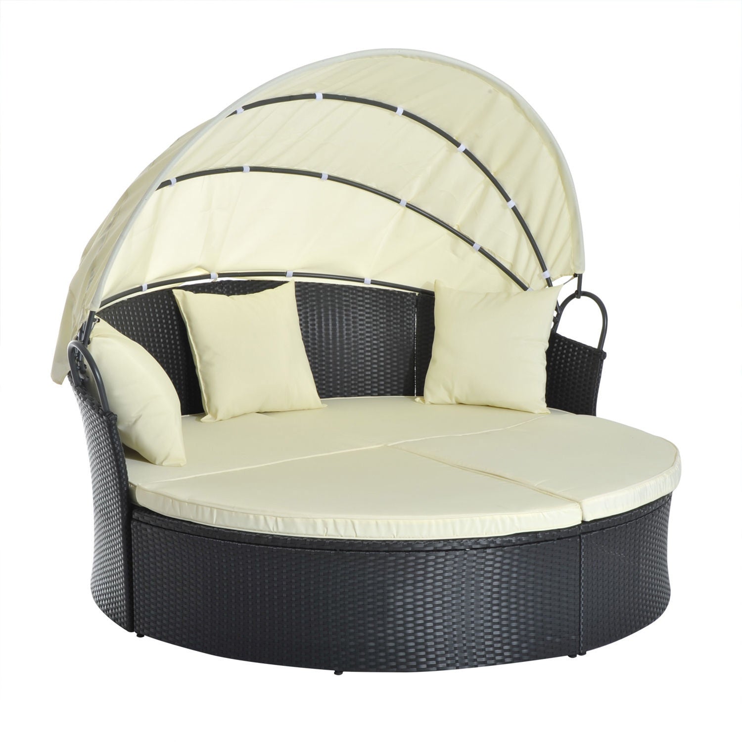 Polyrattan Ligbed voor Buiten - inklapbare luifel, crème 171x180x155cm