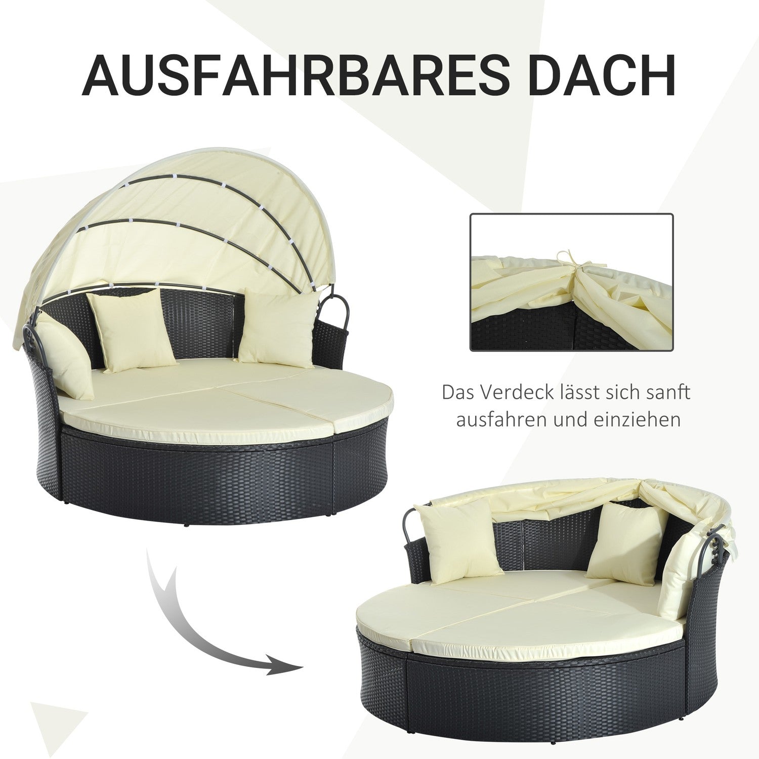 Polyrattan Ligbed voor Buiten - inklapbare luifel, crème 171x180x155cm
