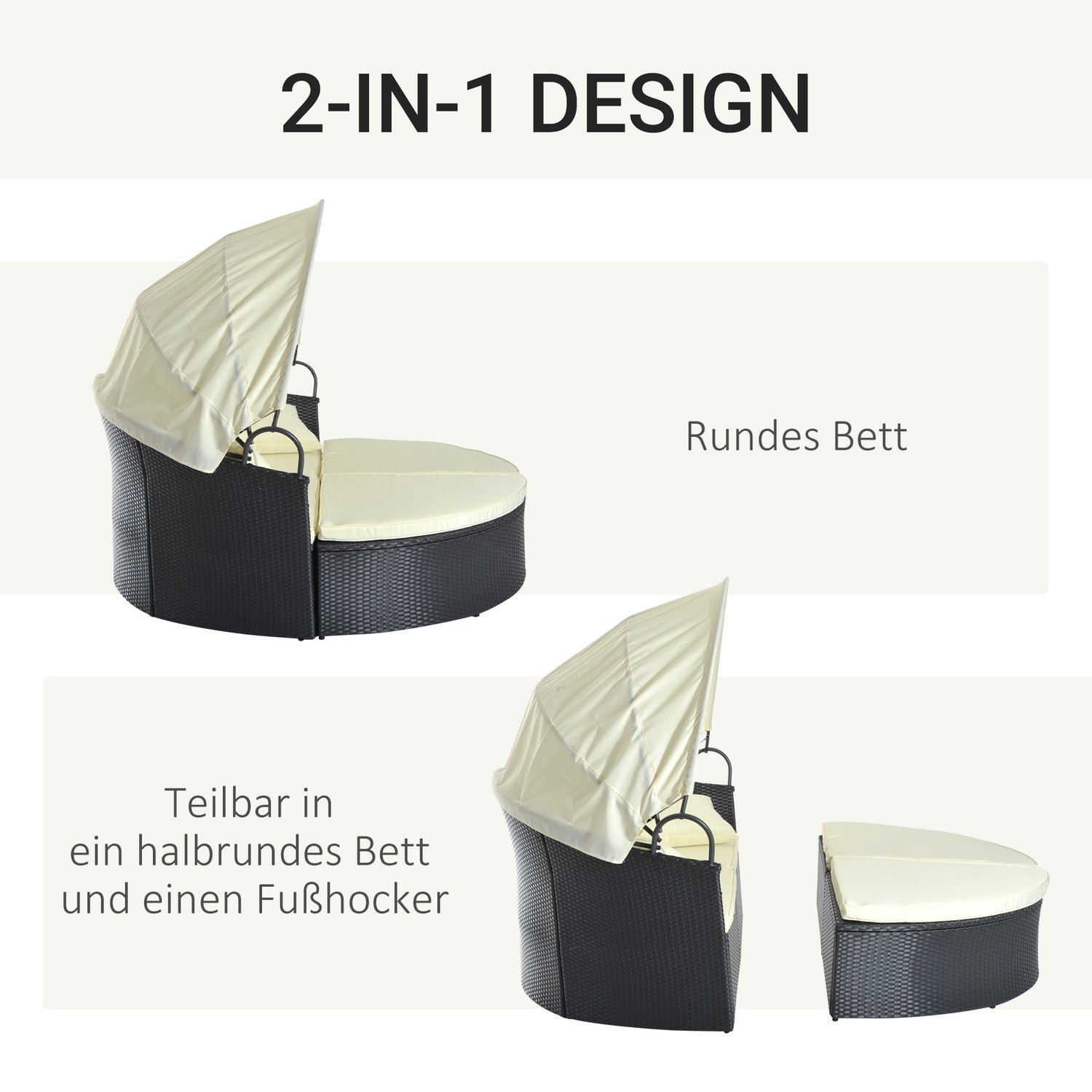 Polyrattan Ligbed voor Buiten - inklapbare luifel, crème 171x180x155cm