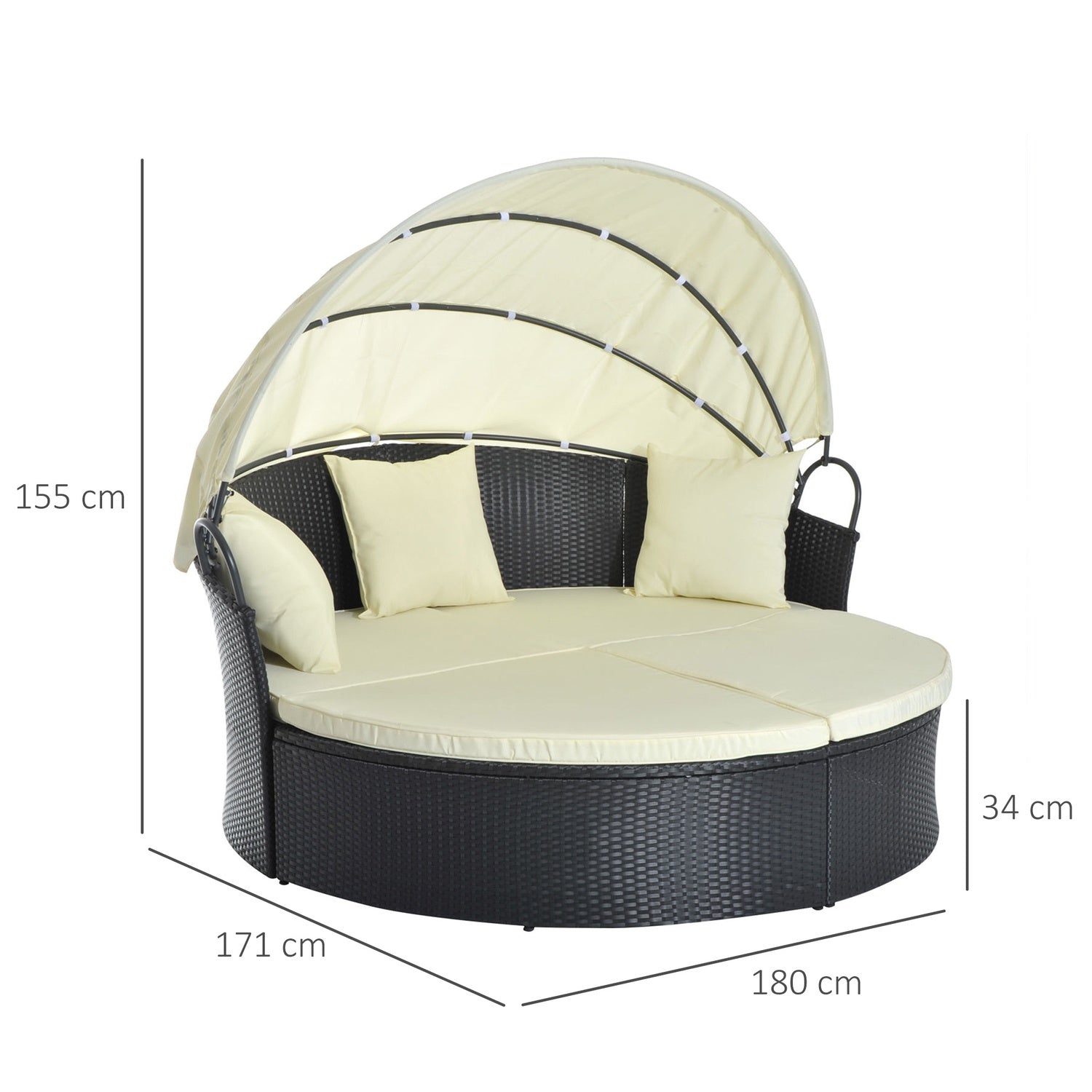 Polyrattan Ligbed voor Buiten - inklapbare luifel, crème 171x180x155cm