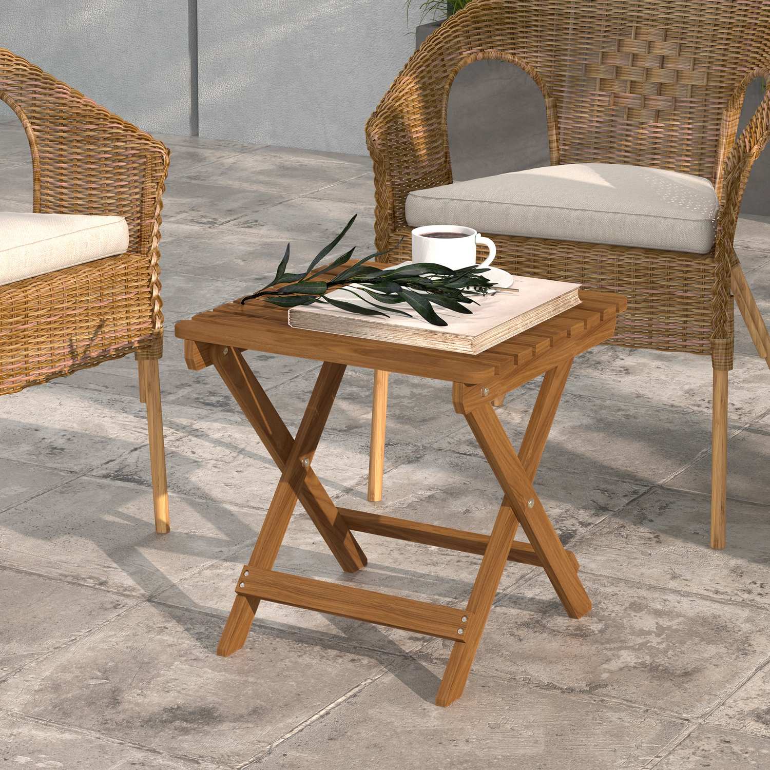 Teak houten opklapbare bijzettafels voor buiten, Set van 2 – 45x45x45 cm