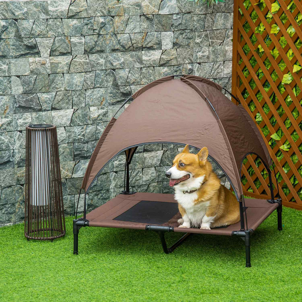 Verhoogd hondenbed voor buiten, ademende kap, 92x76x90 cm