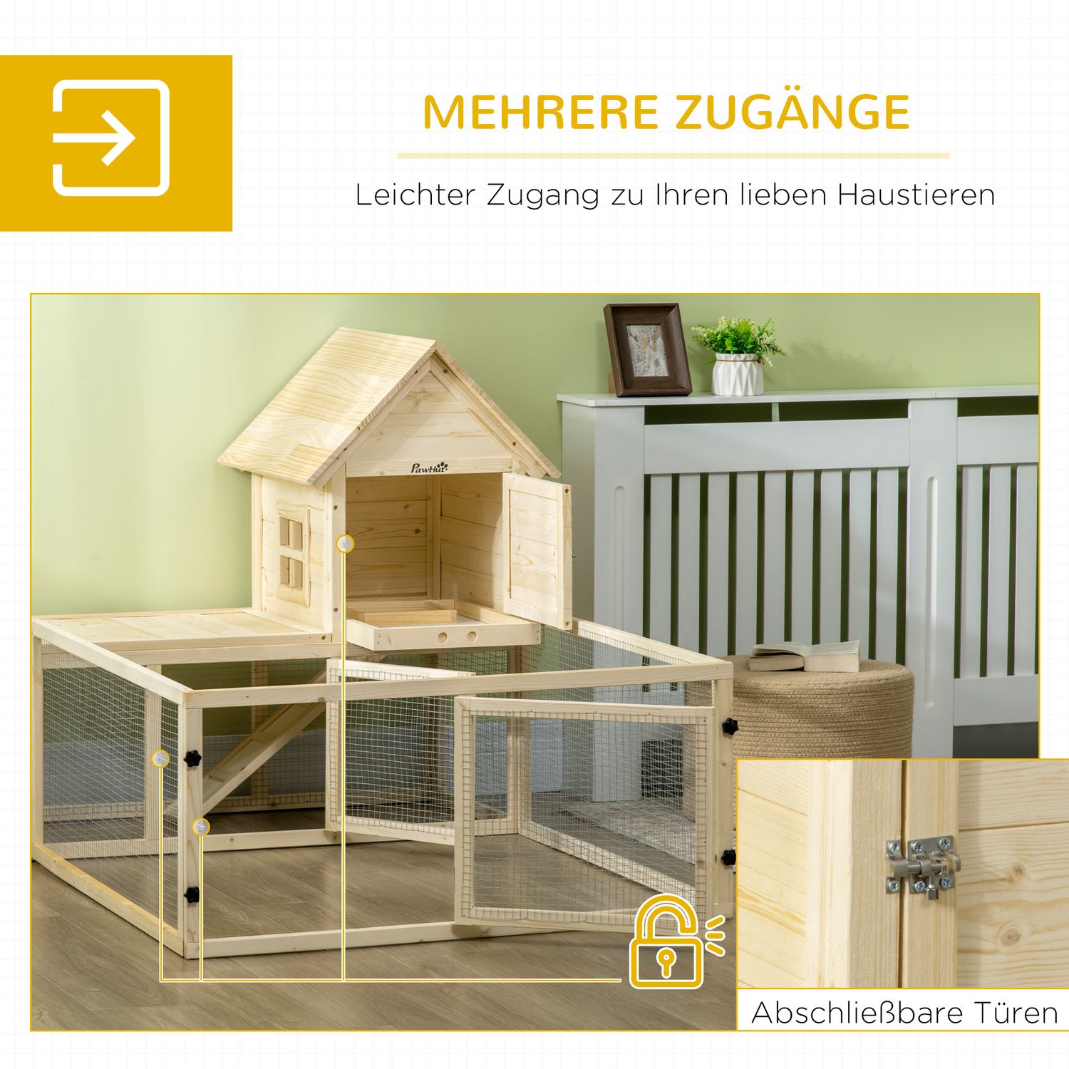 Houten buitenkonijnenhok met loopplank – 151,5x106x97cm