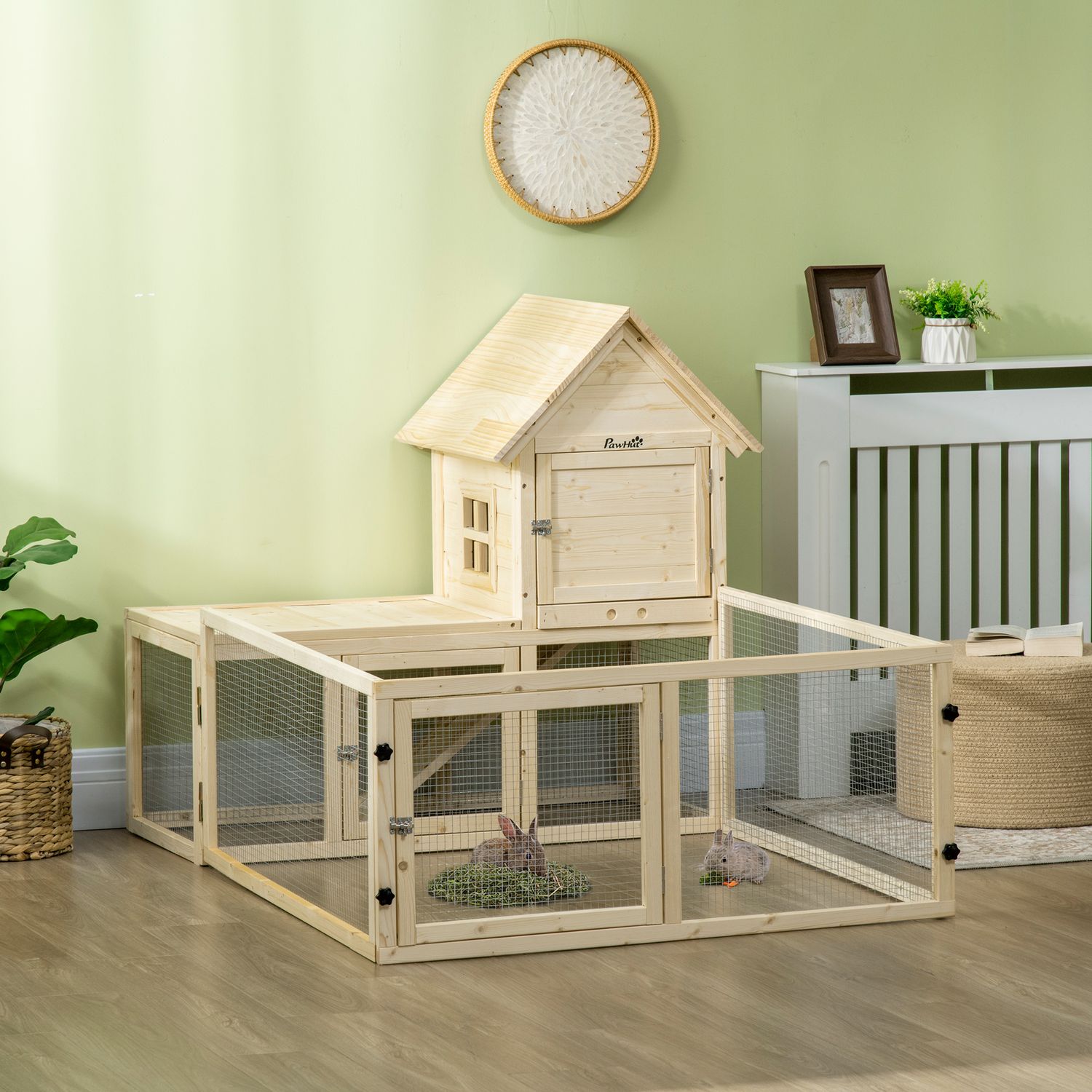 Houten buitenkonijnenhok met loopplank – 151,5x106x97cm