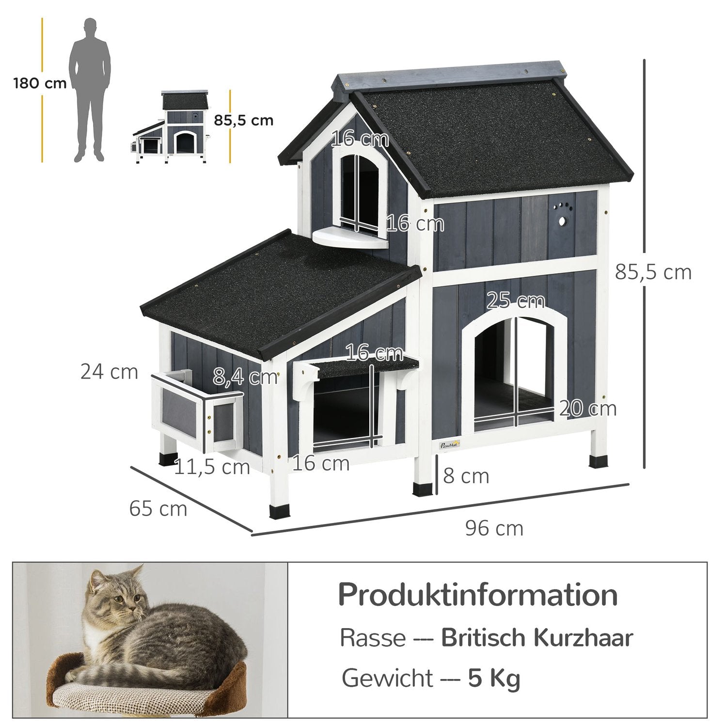 Buitenhok voor katten, sparrenhout, 2 verdiepingen, asfalt dak