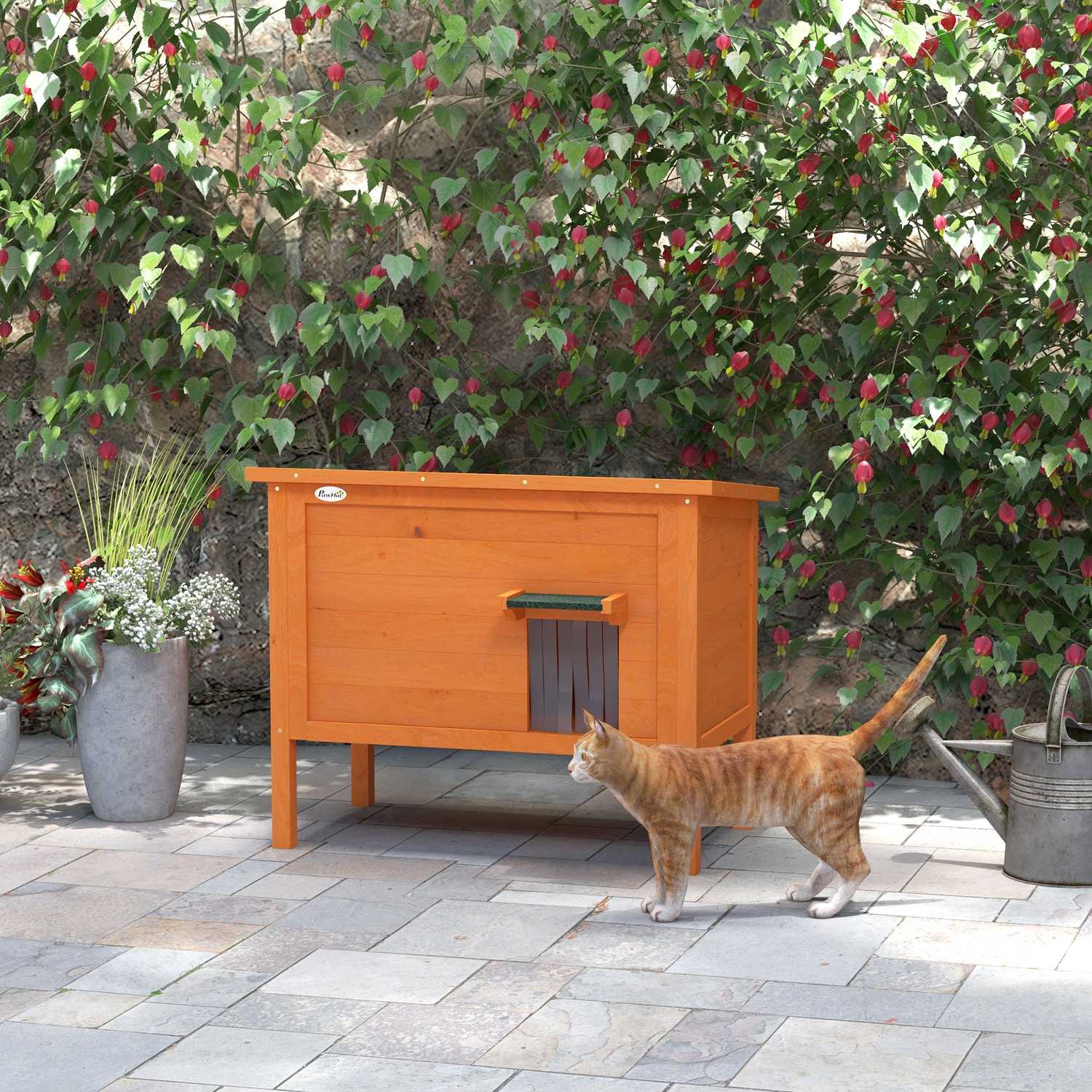 Casetta per gatti in legno da esterno, isolata e rialzata, 60x60x81,5cm