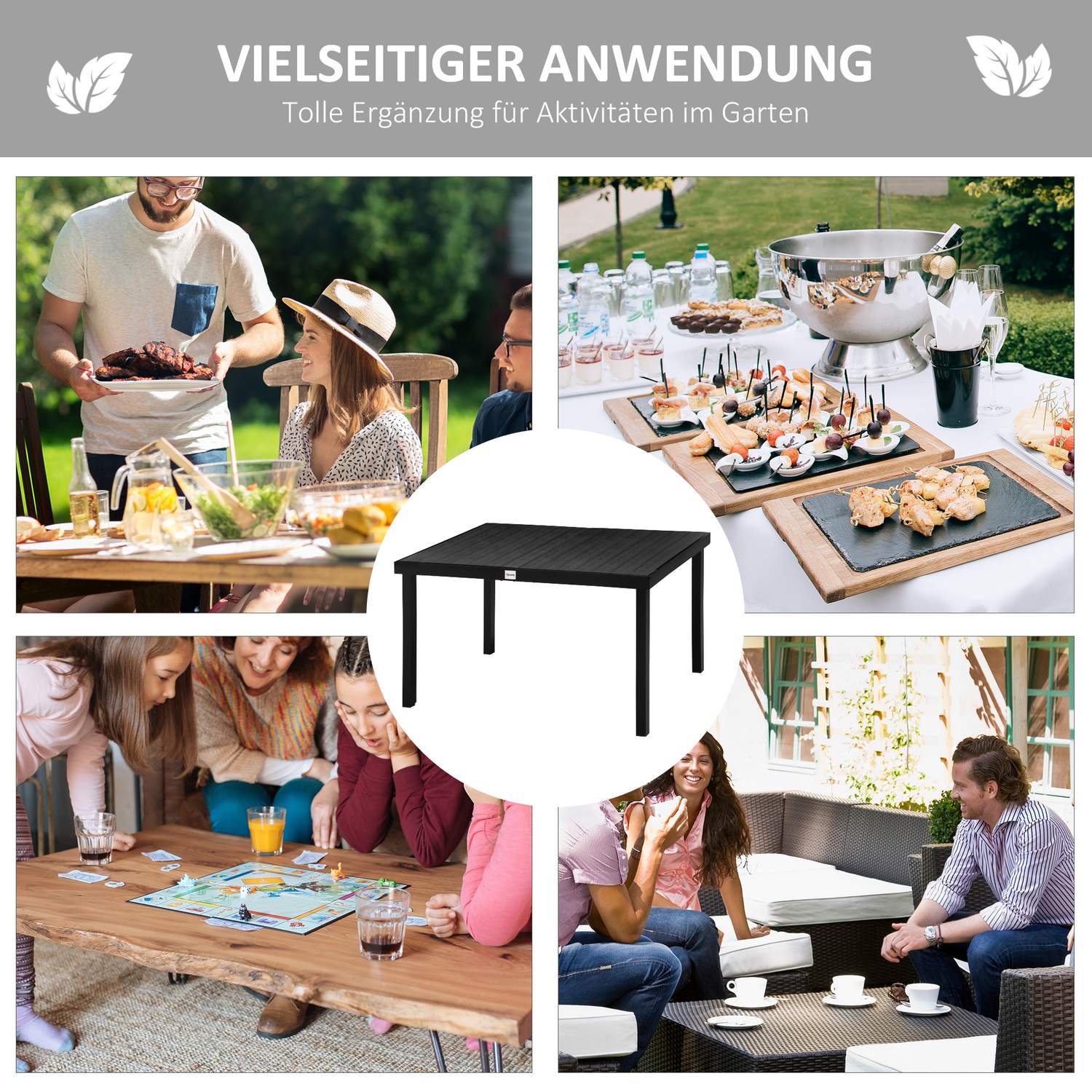 Buiten eettafel voor 6 personen, onderhoudsvriendelijk aluminium, zwart