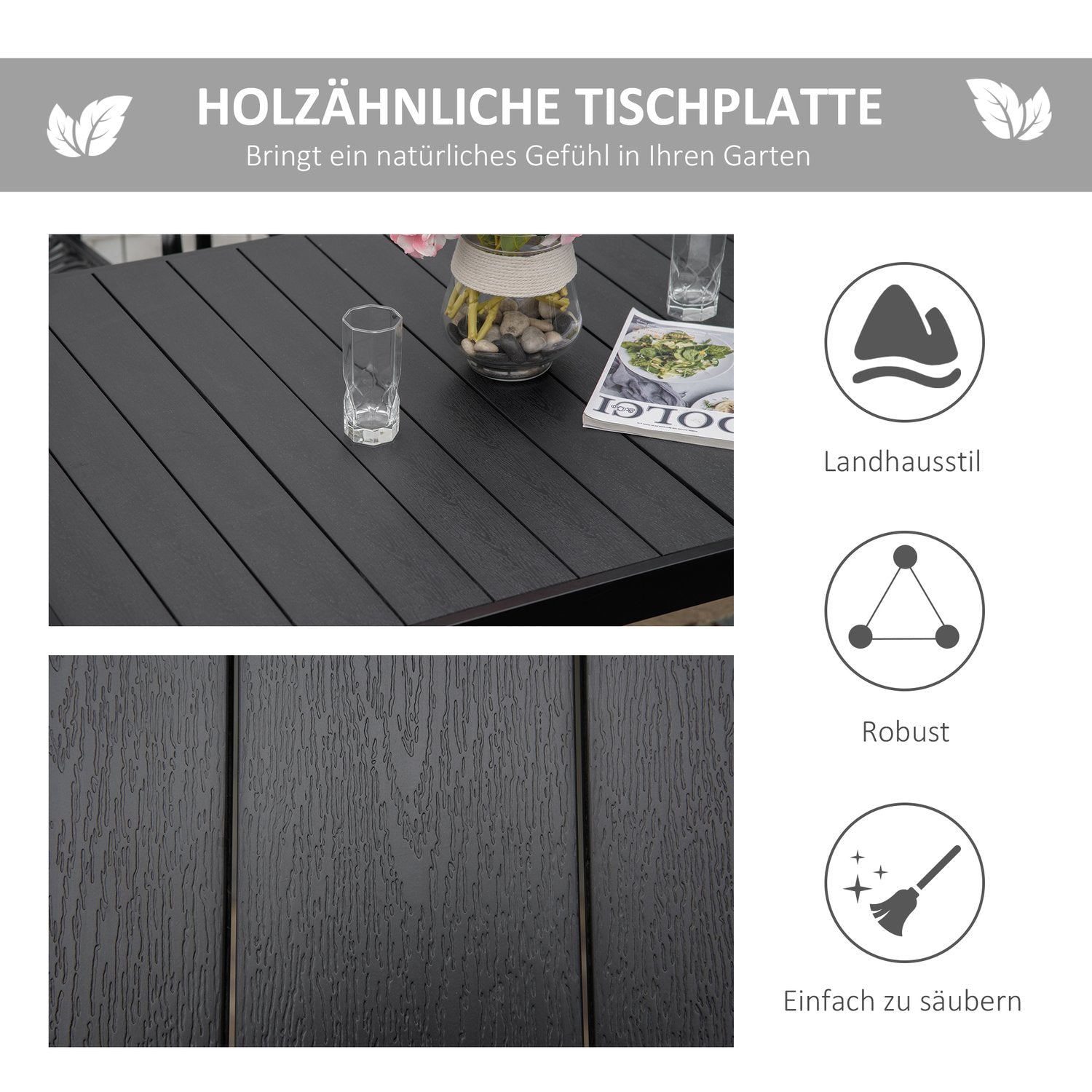 Buiten eettafel voor 6 personen, onderhoudsvriendelijk aluminium, zwart