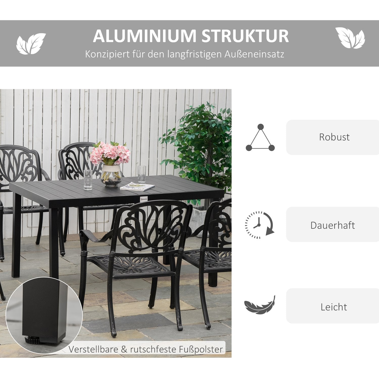 Buiten eettafel voor 6 personen, onderhoudsvriendelijk aluminium, zwart