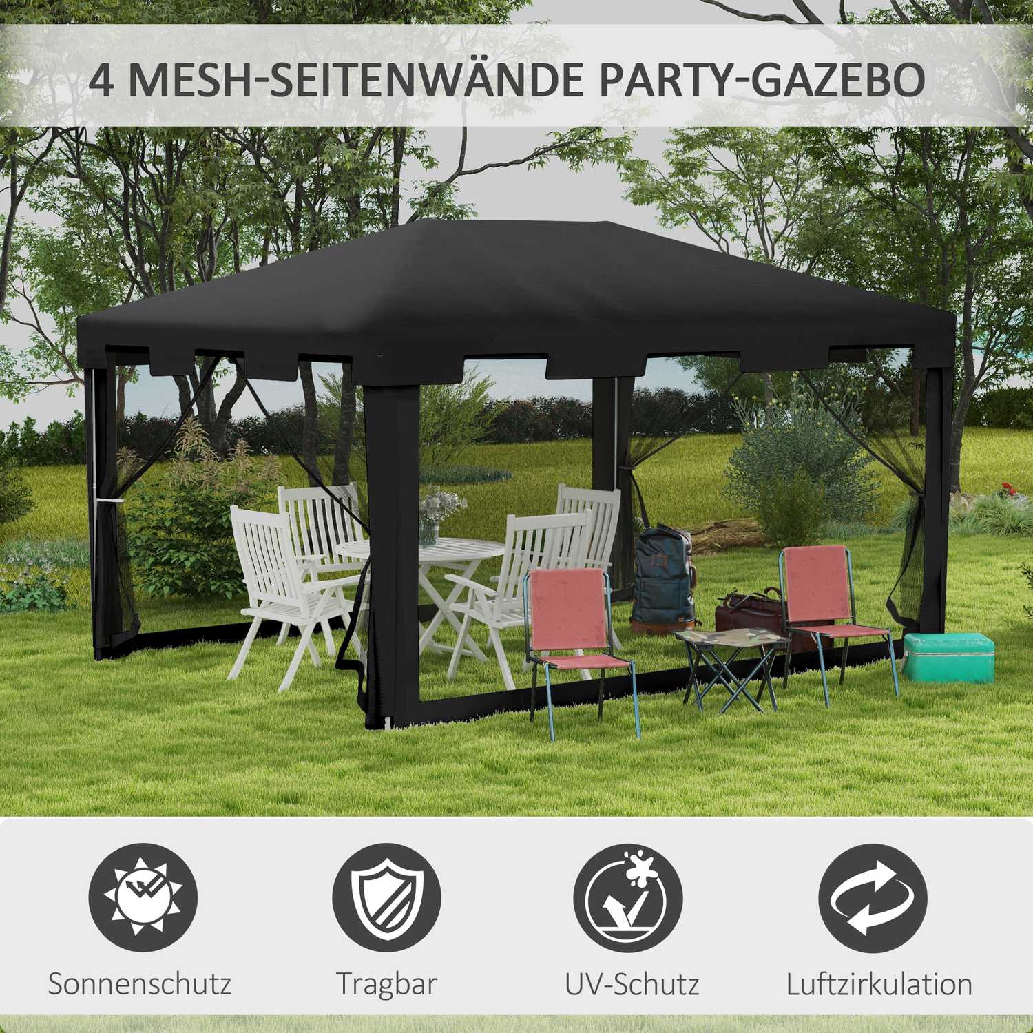 Buitenpaviljoen partytent met netwanden, 4x3m, donkergrijs