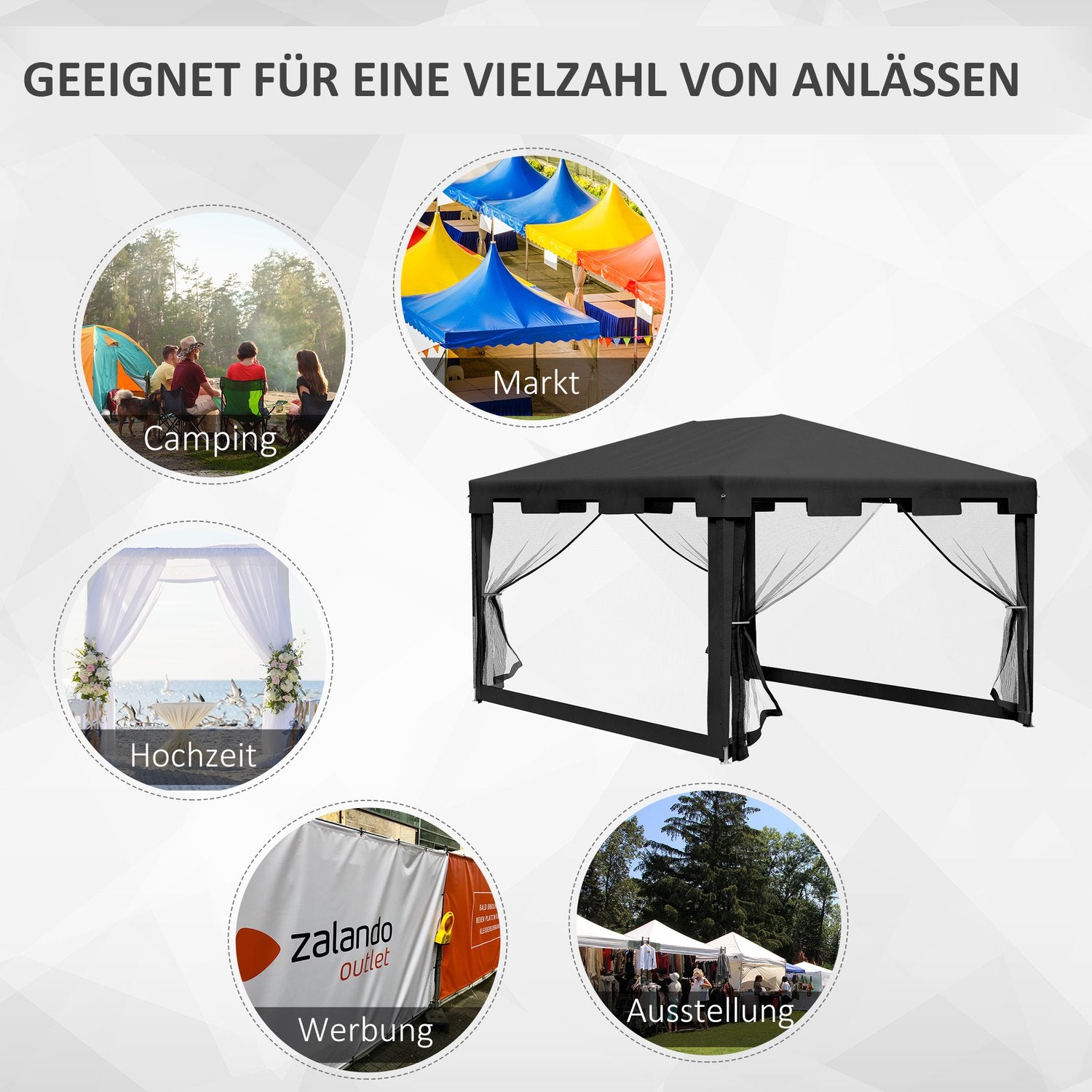 Buitenpaviljoen partytent met netwanden, 4x3m, donkergrijs