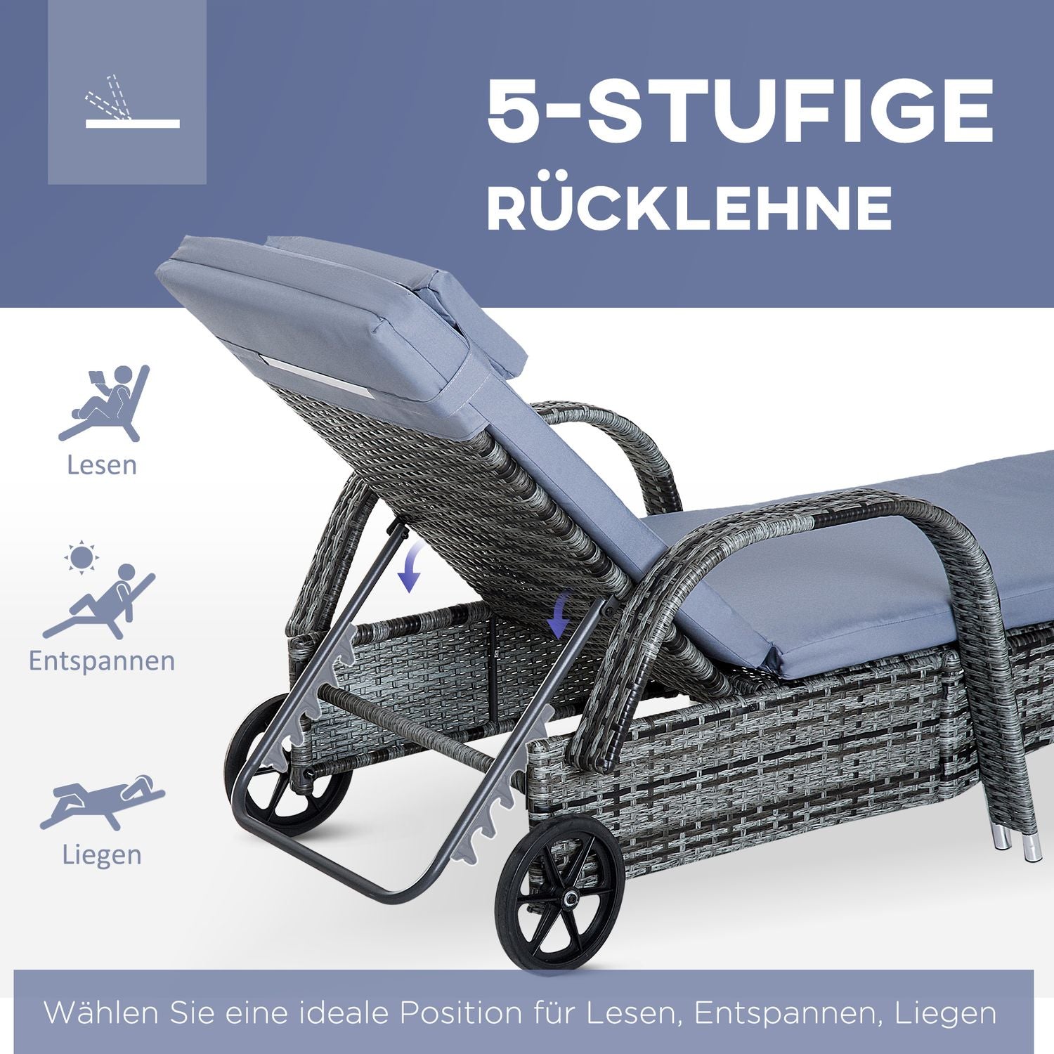 Buiten ligstoelenset, 3-delig, grijs polyrotan & metaal