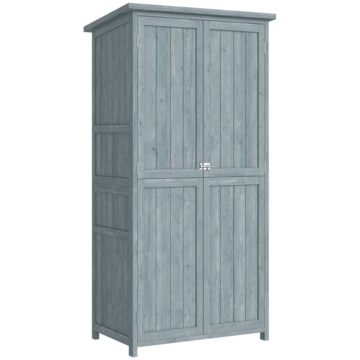 Buitentuinkast met planken en haken, grijs hout