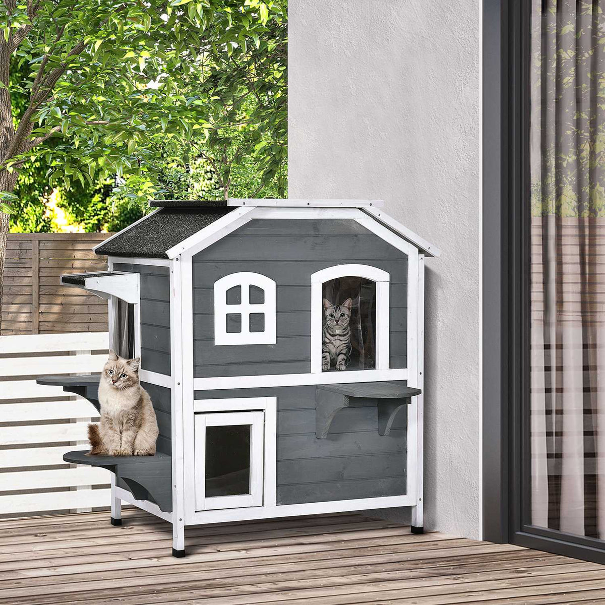 Buiten weerbestendig kattenhuis, asfalt dak, 2 niveaus