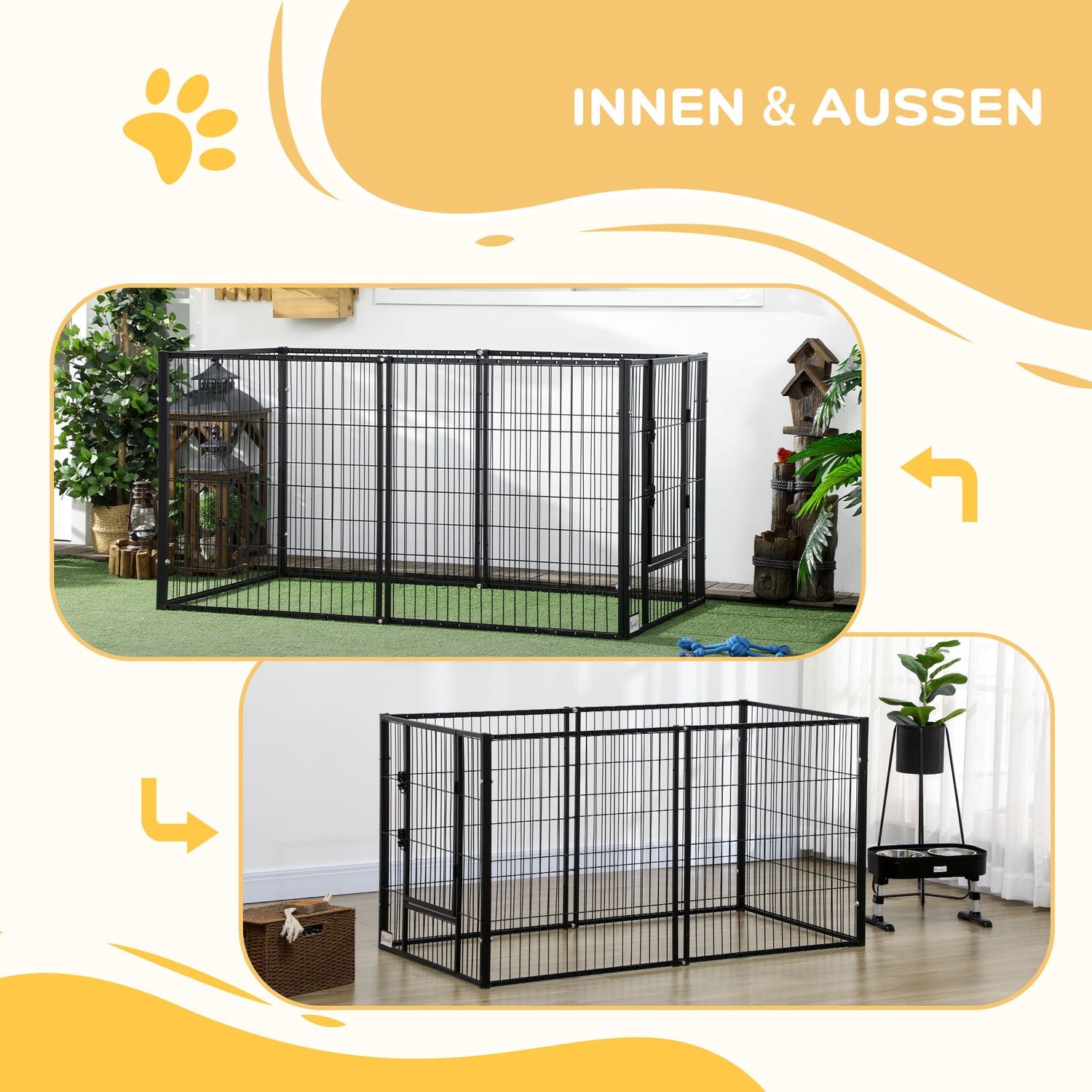 Puppy ren met deur, 6 panelen, stalen binnen-/buitenhok
