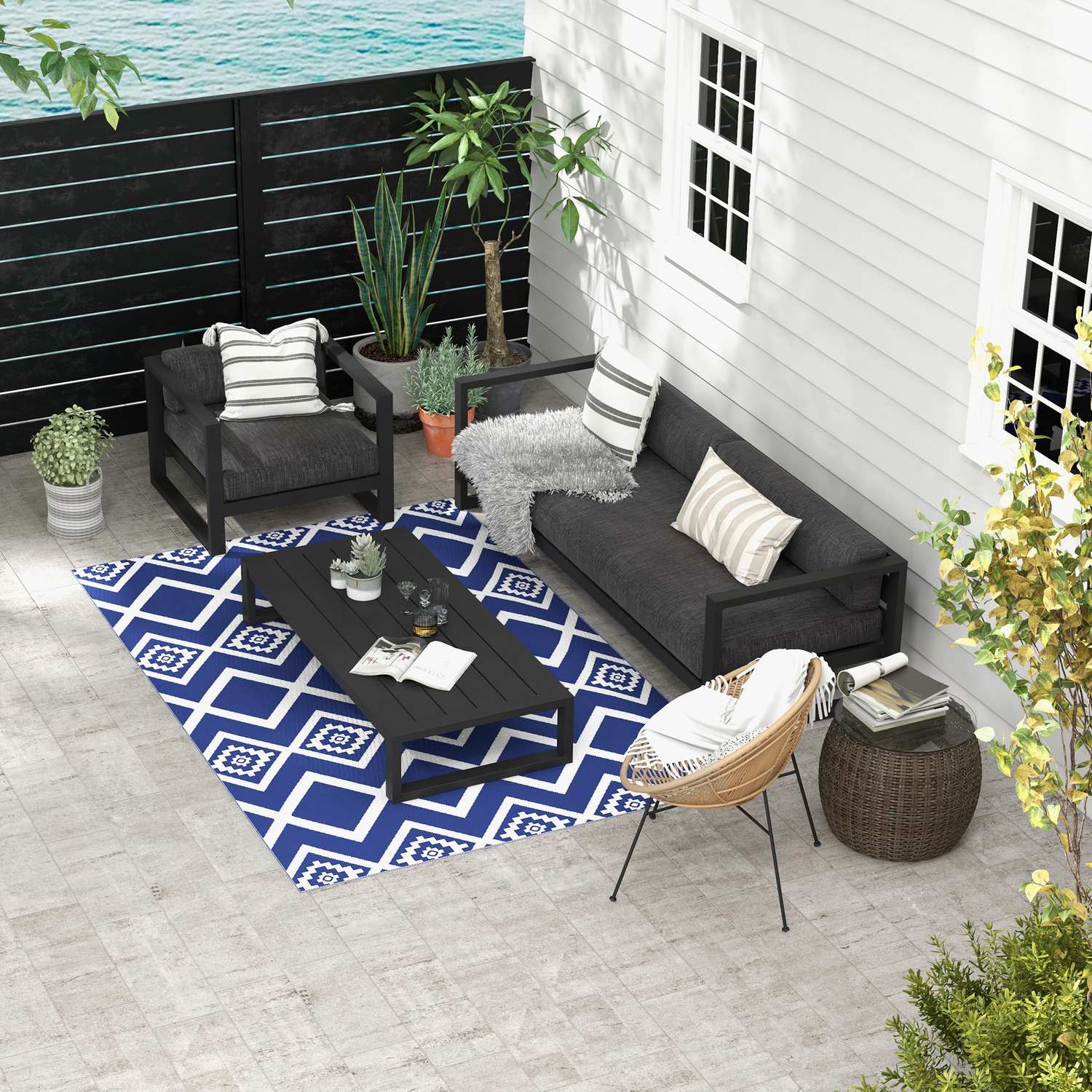 Waterafstotend kunststof vloerkleed buiten, 182x274cm, Blauw/Wit