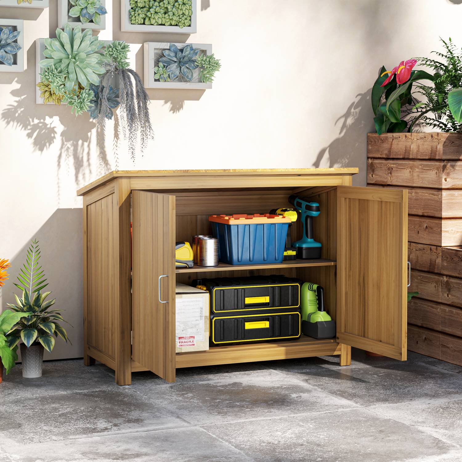 Weerbestendige tuinhouten gereedschapskist met planken 110x50x85 cm