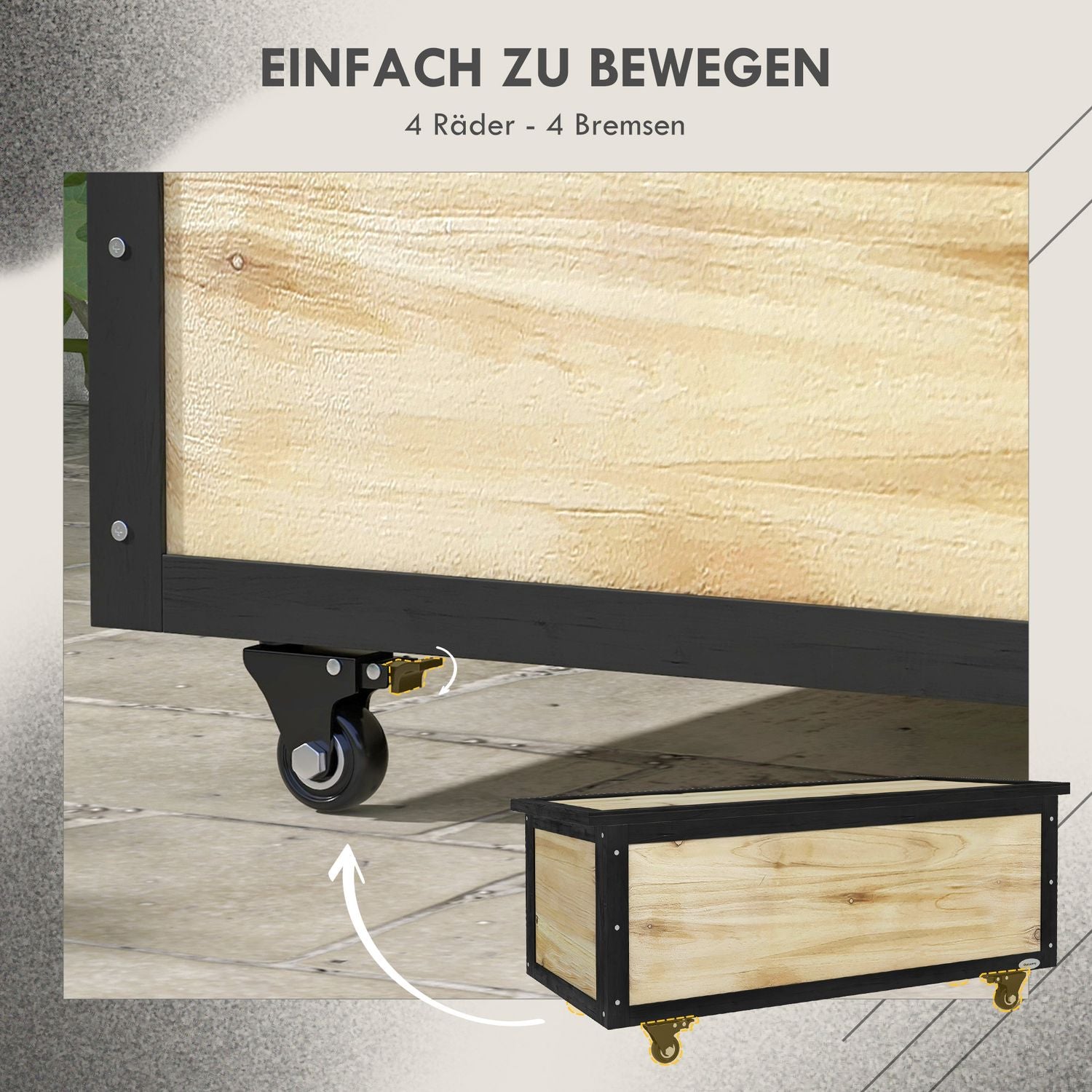 Coffre de rangement en bois résistant aux intempéries à roulettes, capacité 121L