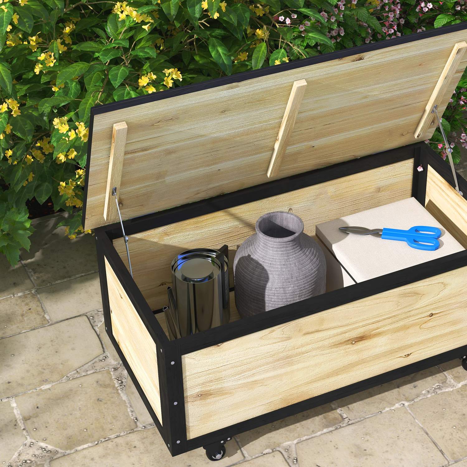 Coffre de rangement en bois résistant aux intempéries à roulettes, capacité 121L
