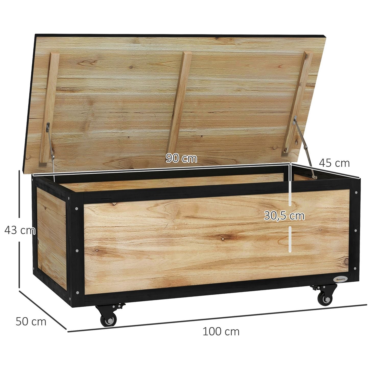 Coffre de rangement en bois résistant aux intempéries à roulettes, capacité 121L