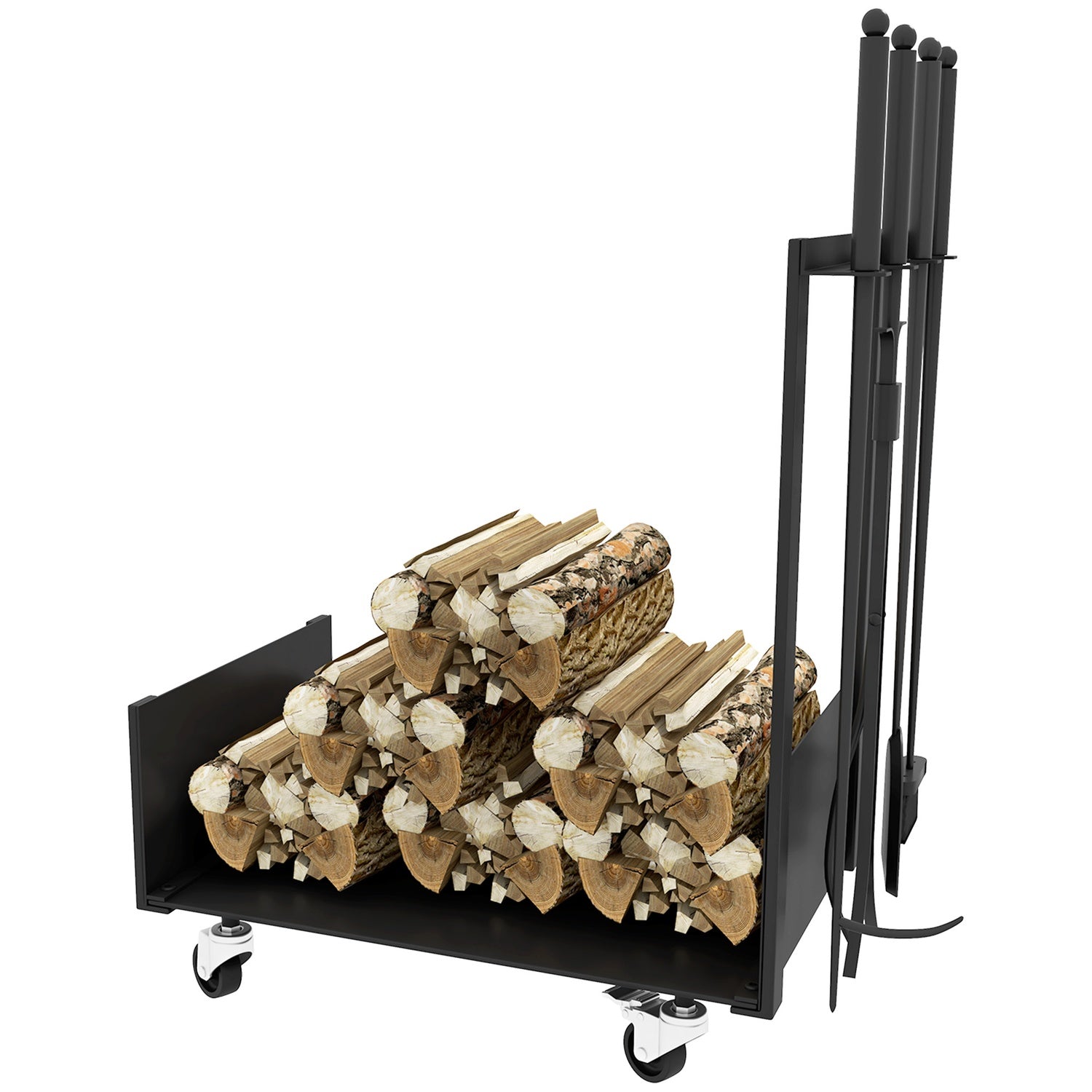 Metalen houtrek met wielen en gereedschap, zwart, 48x30x76 cm