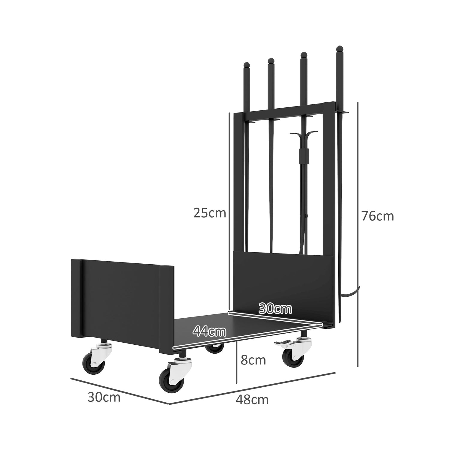 Metalen houtrek met wielen en gereedschap, zwart, 48x30x76 cm