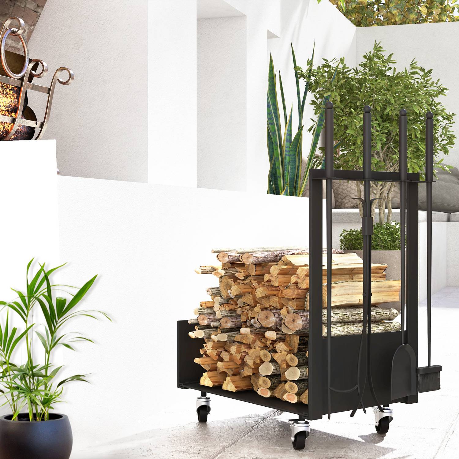Metalen houtrek met wielen en gereedschap, zwart, 48x30x76 cm