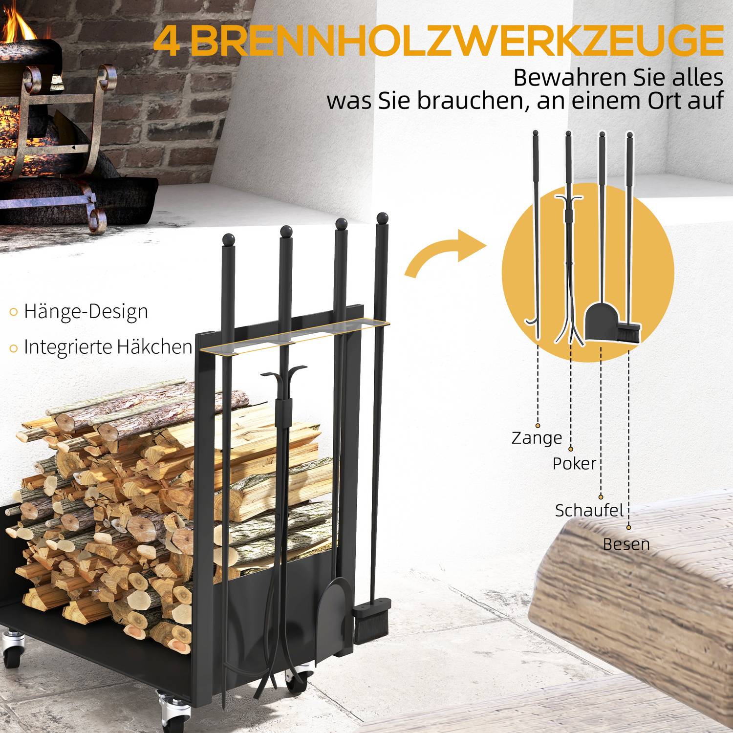 Metalen houtrek met wielen en gereedschap, zwart, 48x30x76 cm