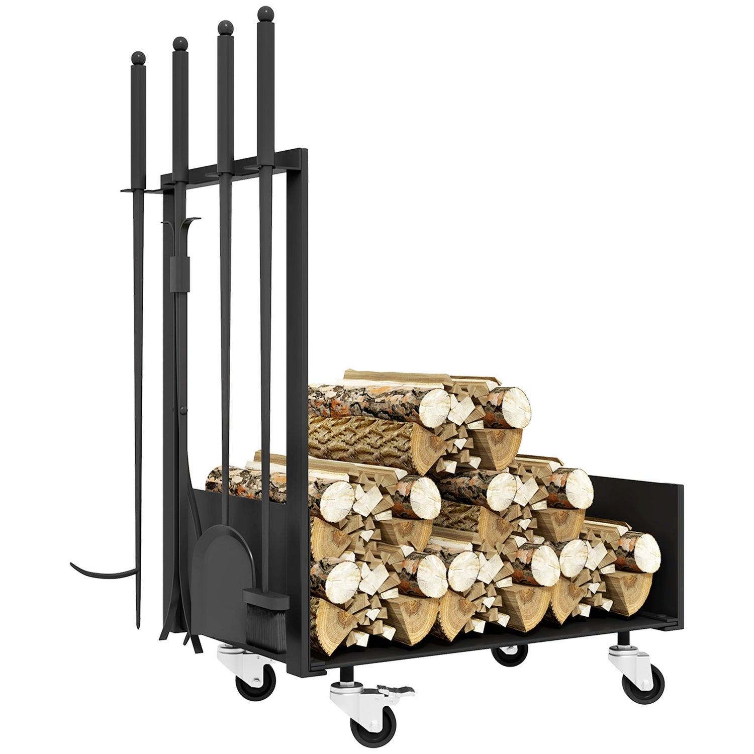 Metalen houtrek met wielen en gereedschap, zwart, 48x30x76 cm