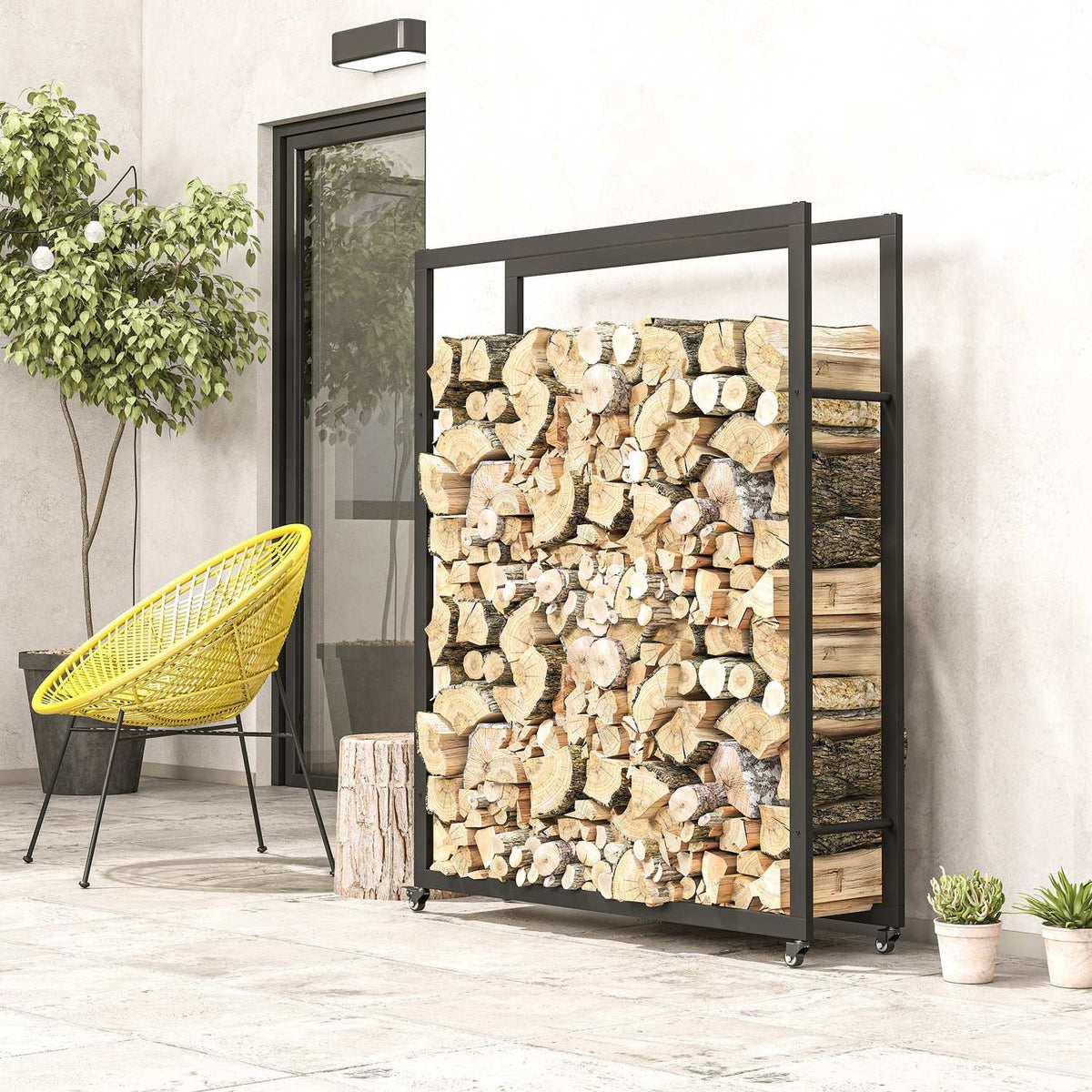 Houtrek op wielen, verrijdbaar, metalen frame, tot 150 kg, 120 x 32 x 151 cm, zwart