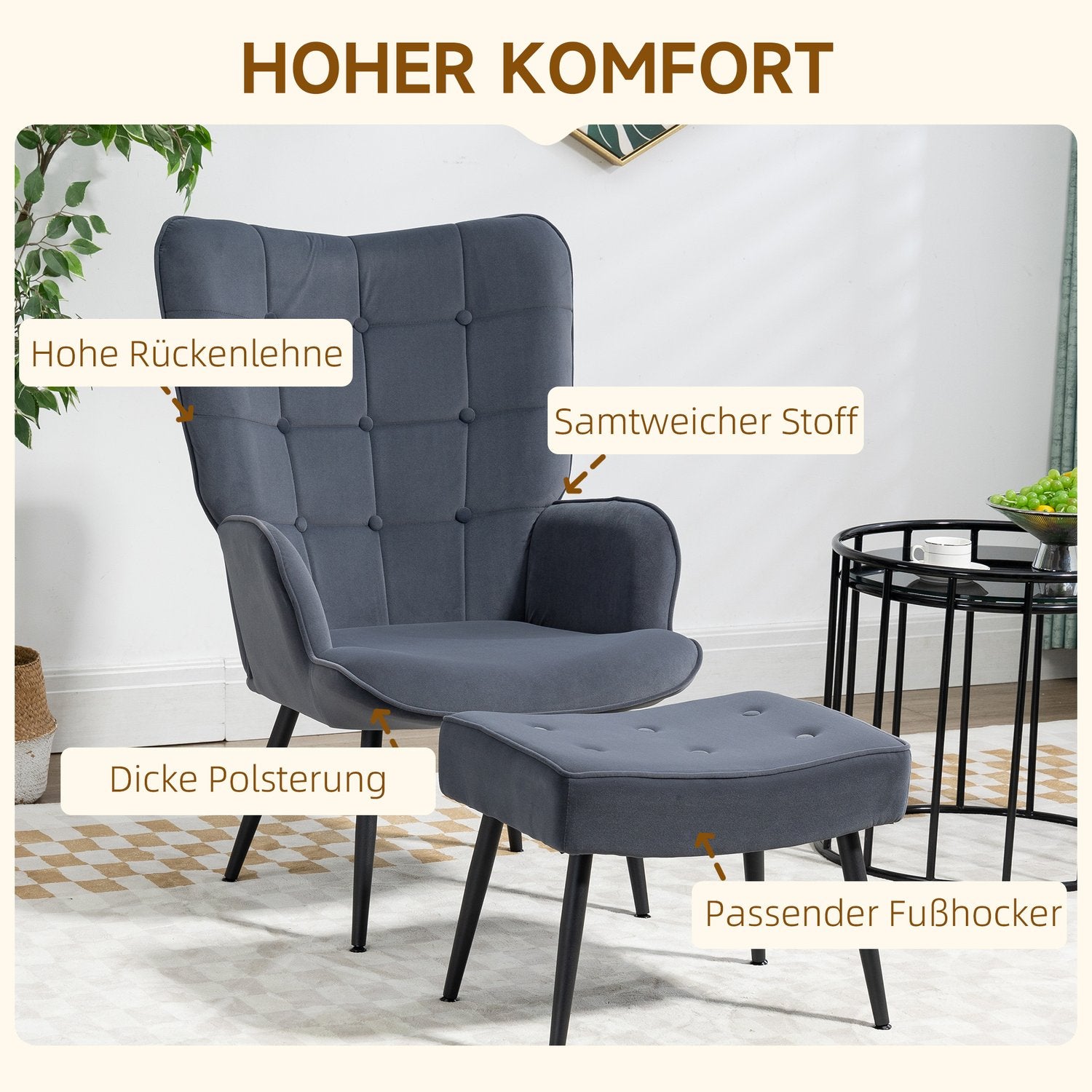 Velvet Relax Chair met armleuning en voetenbankje