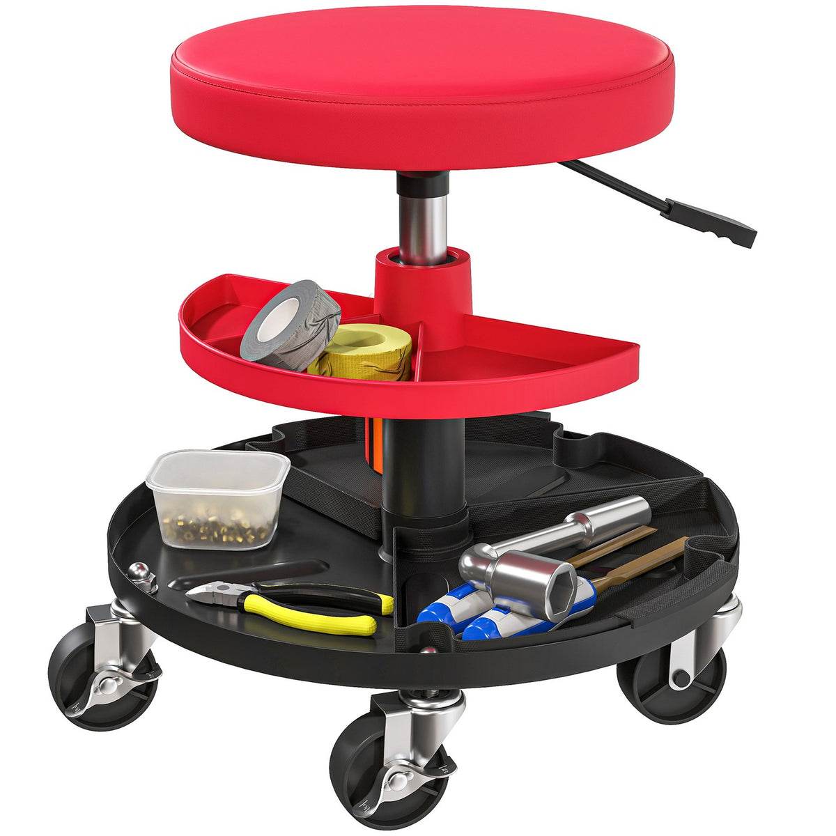 Werkplaatskruk met wielen, laden, in hoogte verstelbaar 40-51 cm, rolkruk, draagvermogen tot 135 kg, rood