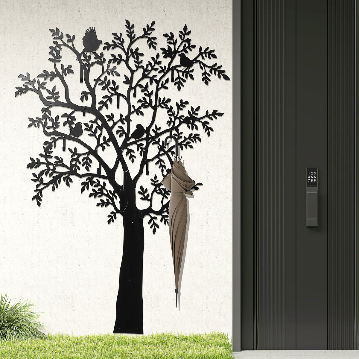 Wandgemonteerde kledinghaak, houtdesign met vogels, zwart