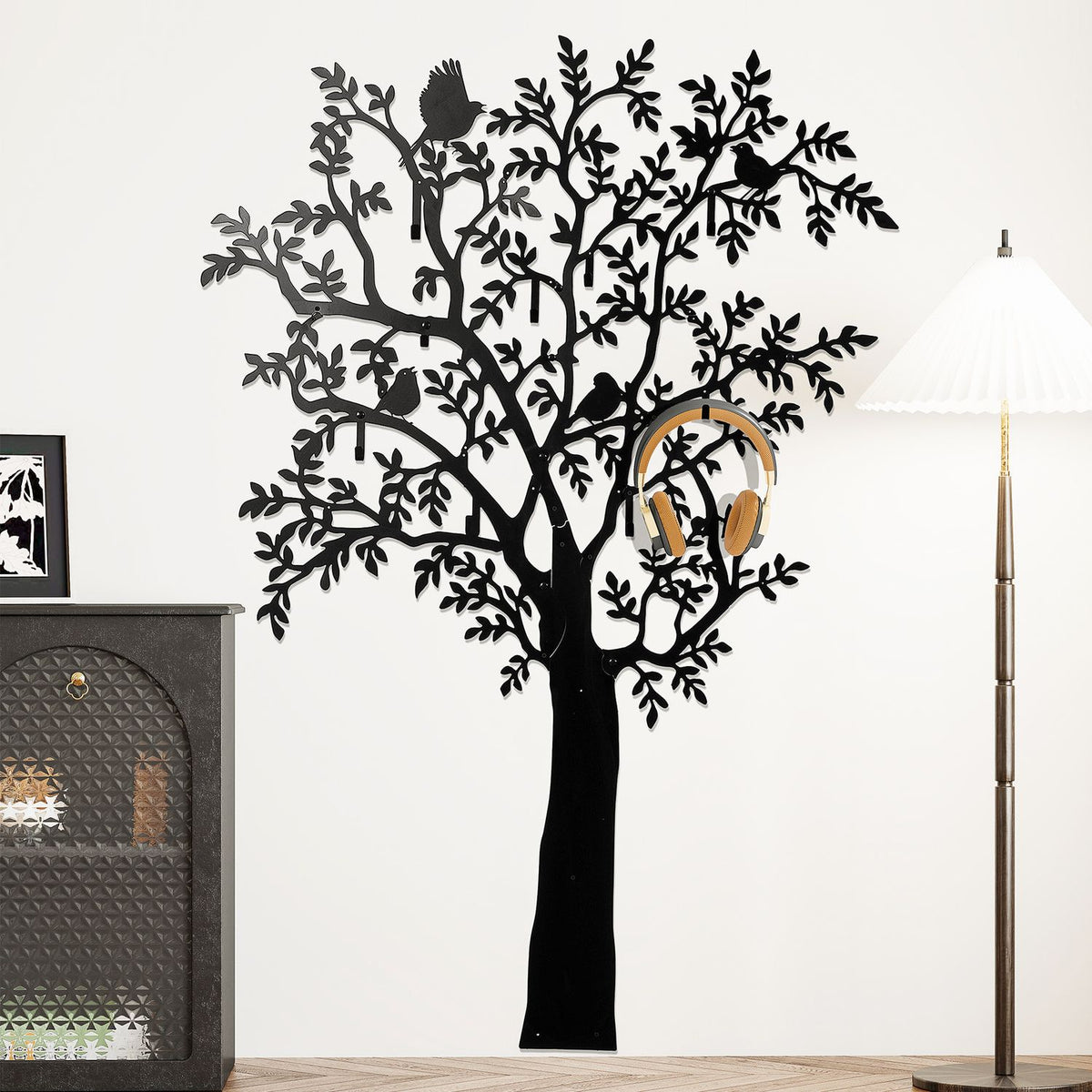 Wandgemonteerde kledinghaak, houtdesign met vogels, zwart