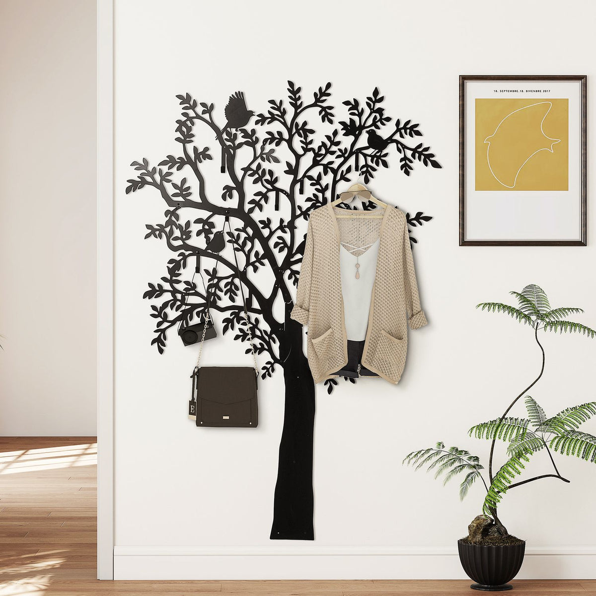 Wandgemonteerde kledinghaak, houtdesign met vogels, zwart