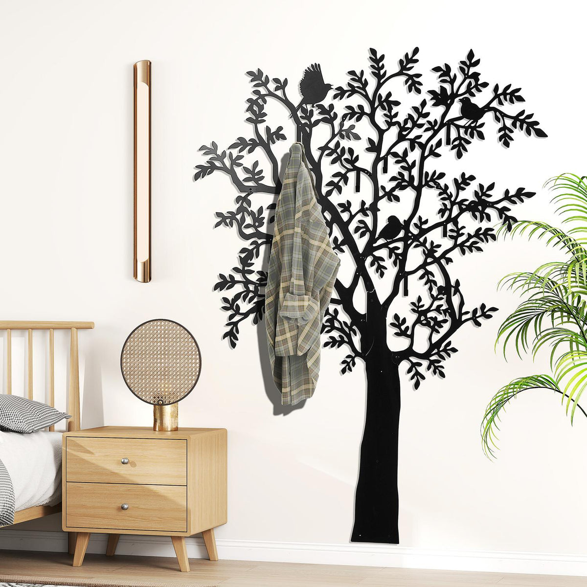 Wandgemonteerde kledinghaak, houtdesign met vogels, zwart