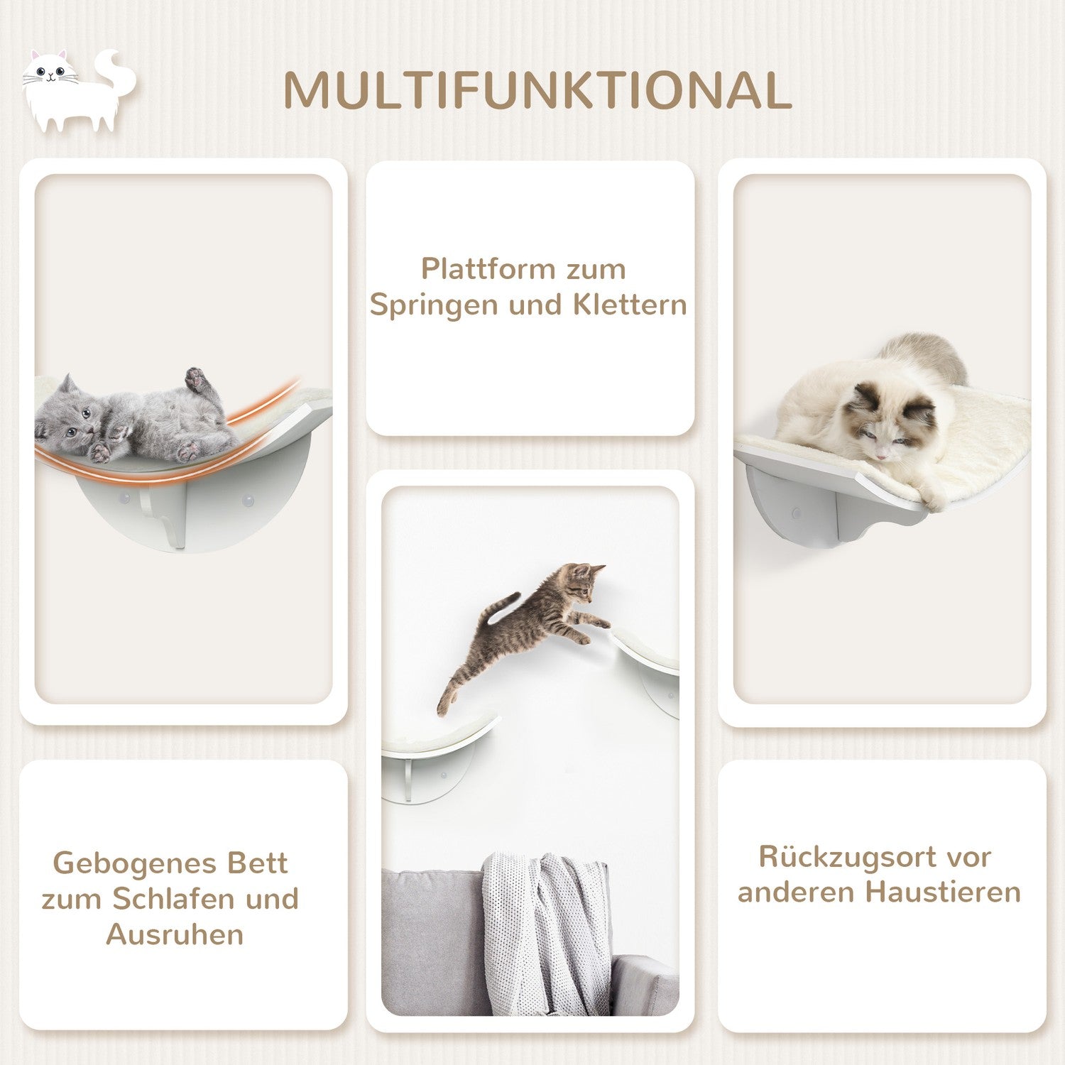 Wandgemonteerd kattenbed met pluche kussen, wit