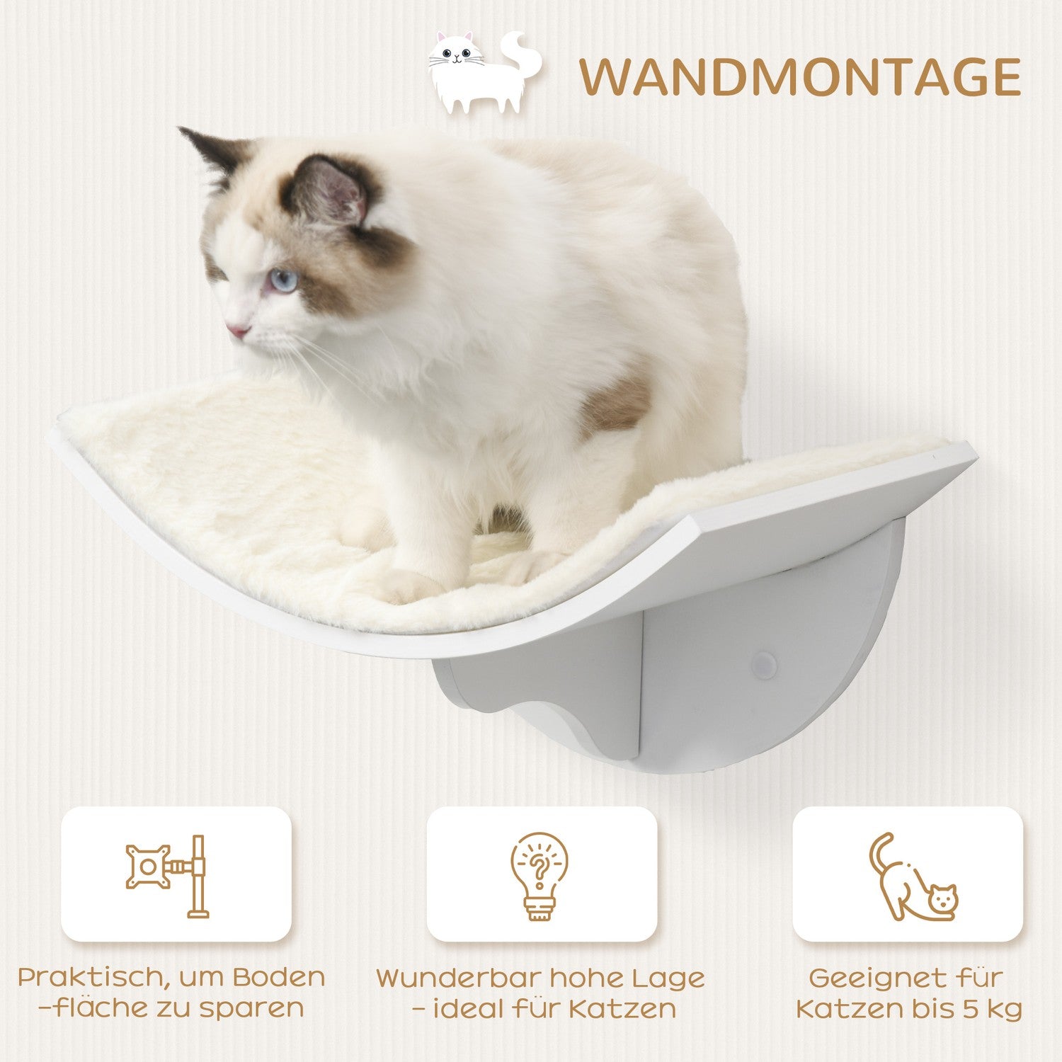 Wandgemonteerd kattenbed met pluche kussen, wit