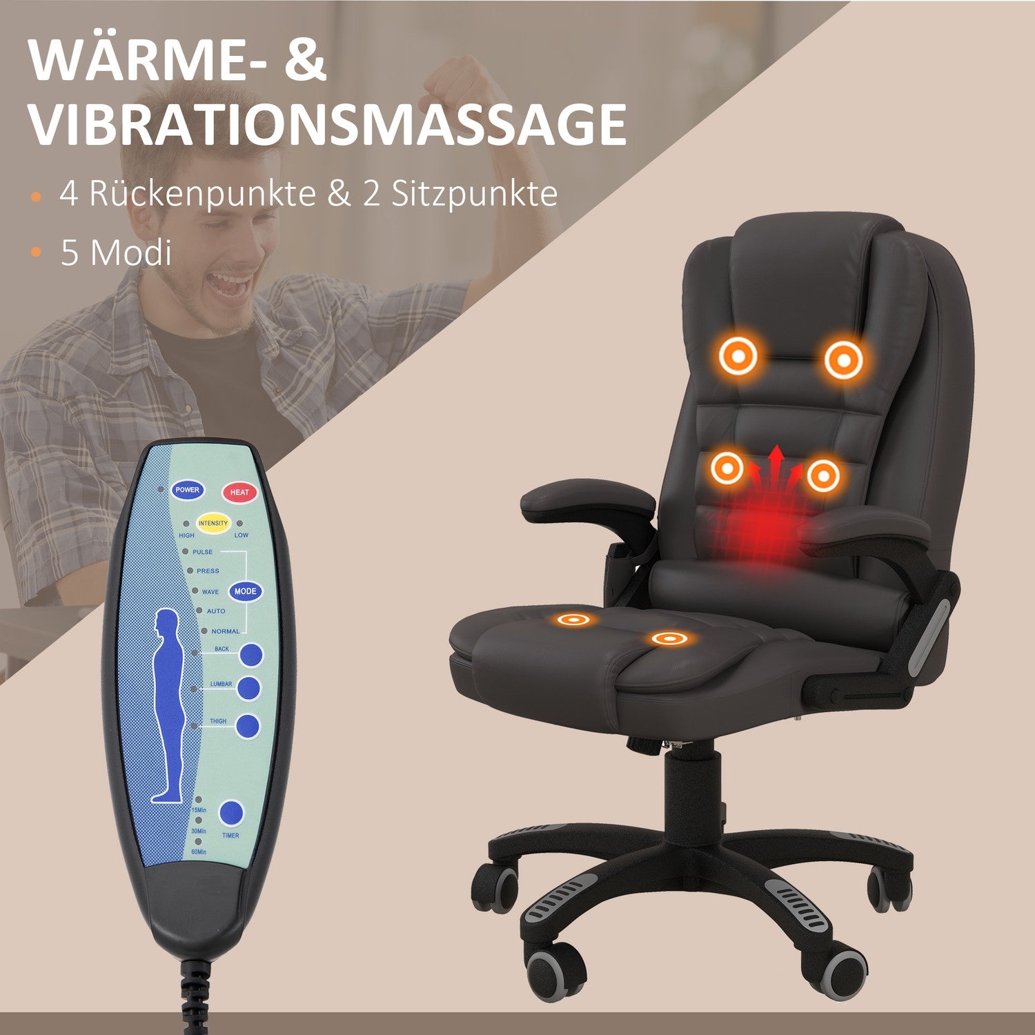 Sedia da ufficio con massaggio vibrante e riscaldamento, similpelle, marrone