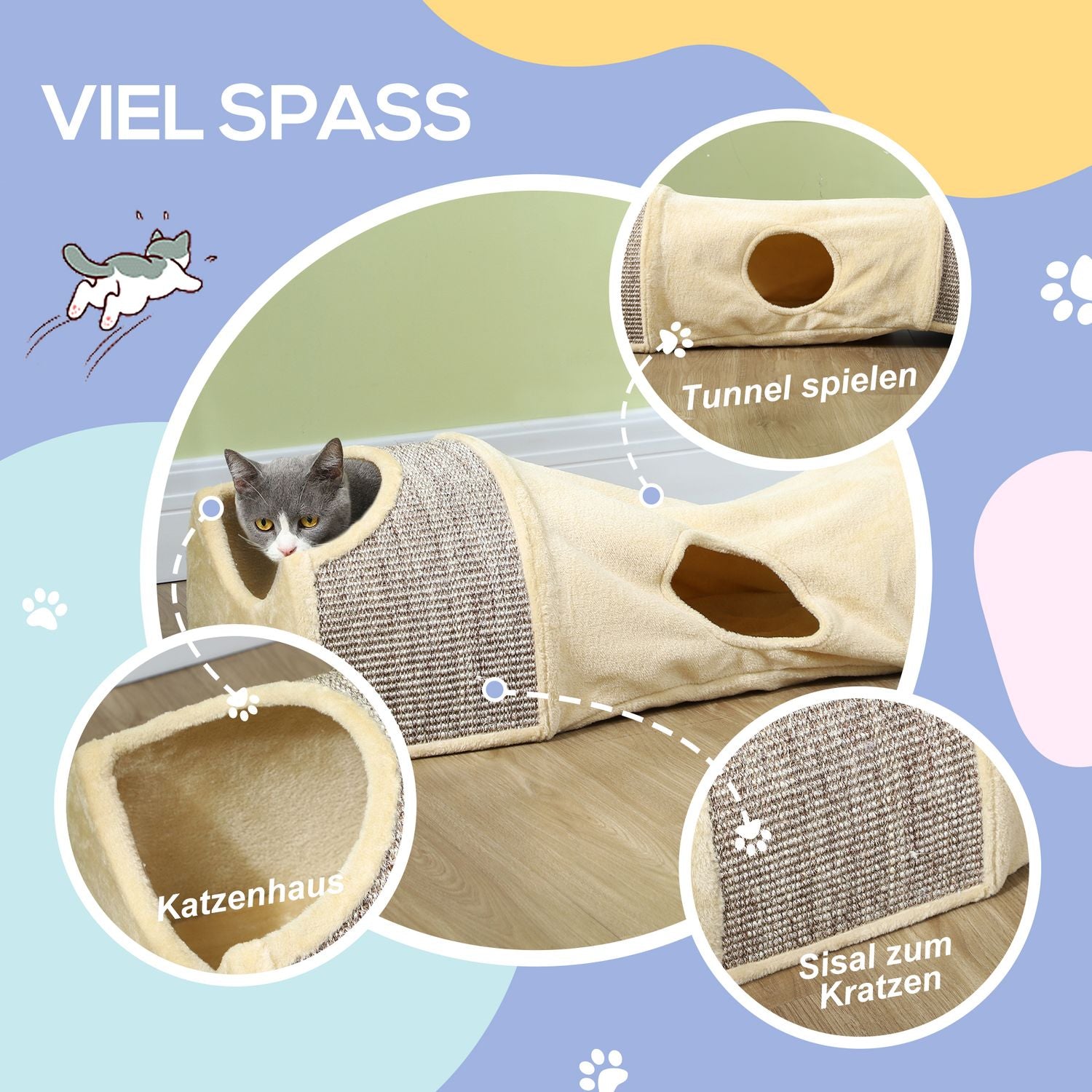 Opvouwbare kattentunnel – 2 huizen, 3 openingen, beige
