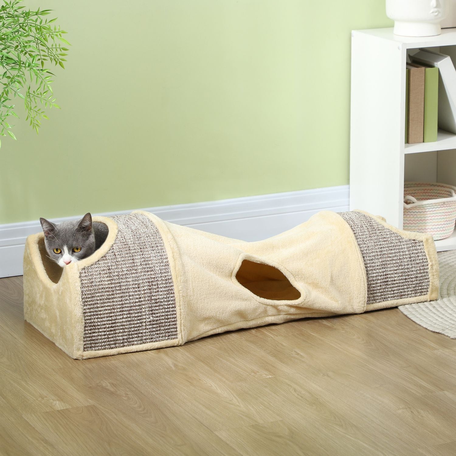 Opvouwbare kattentunnel – 2 huizen, 3 openingen, beige