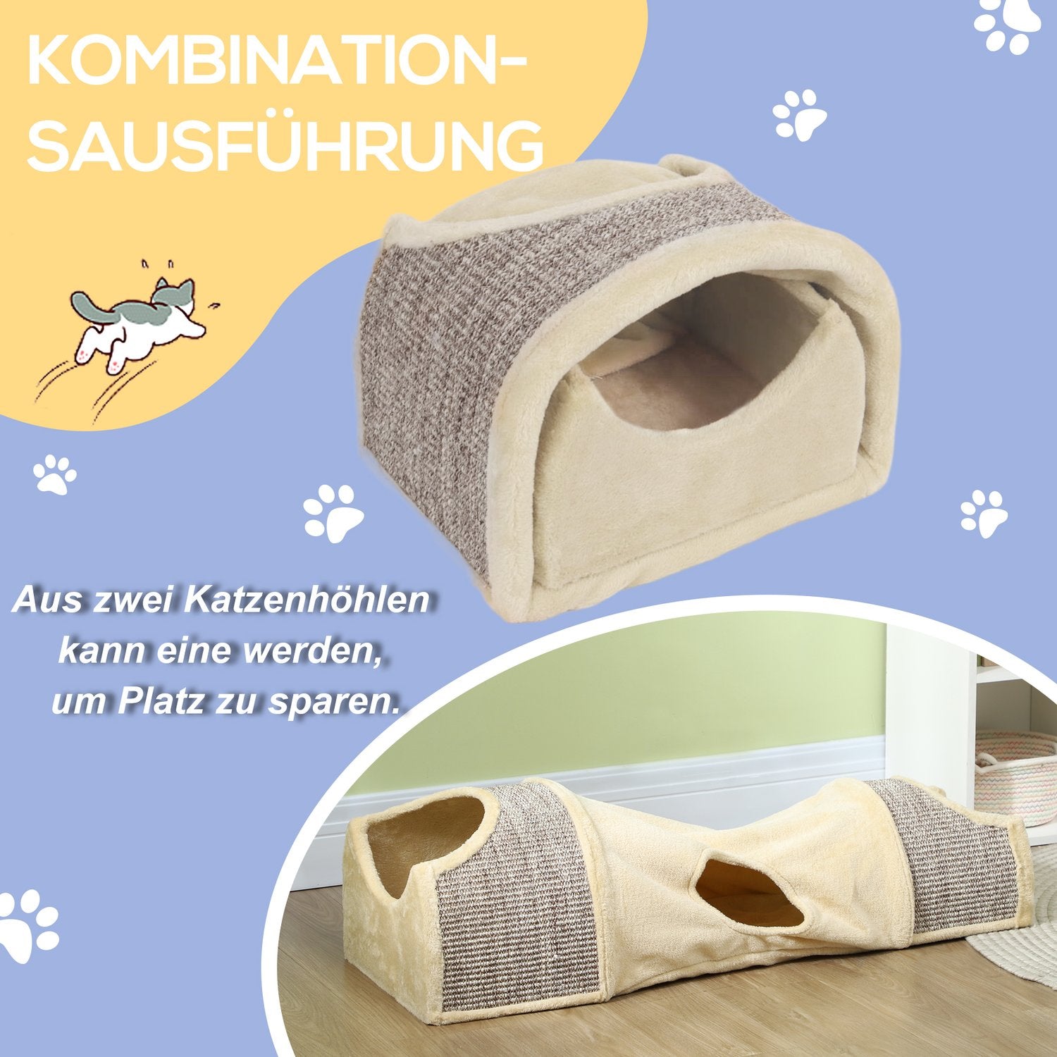 Opvouwbare kattentunnel – 2 huizen, 3 openingen, beige