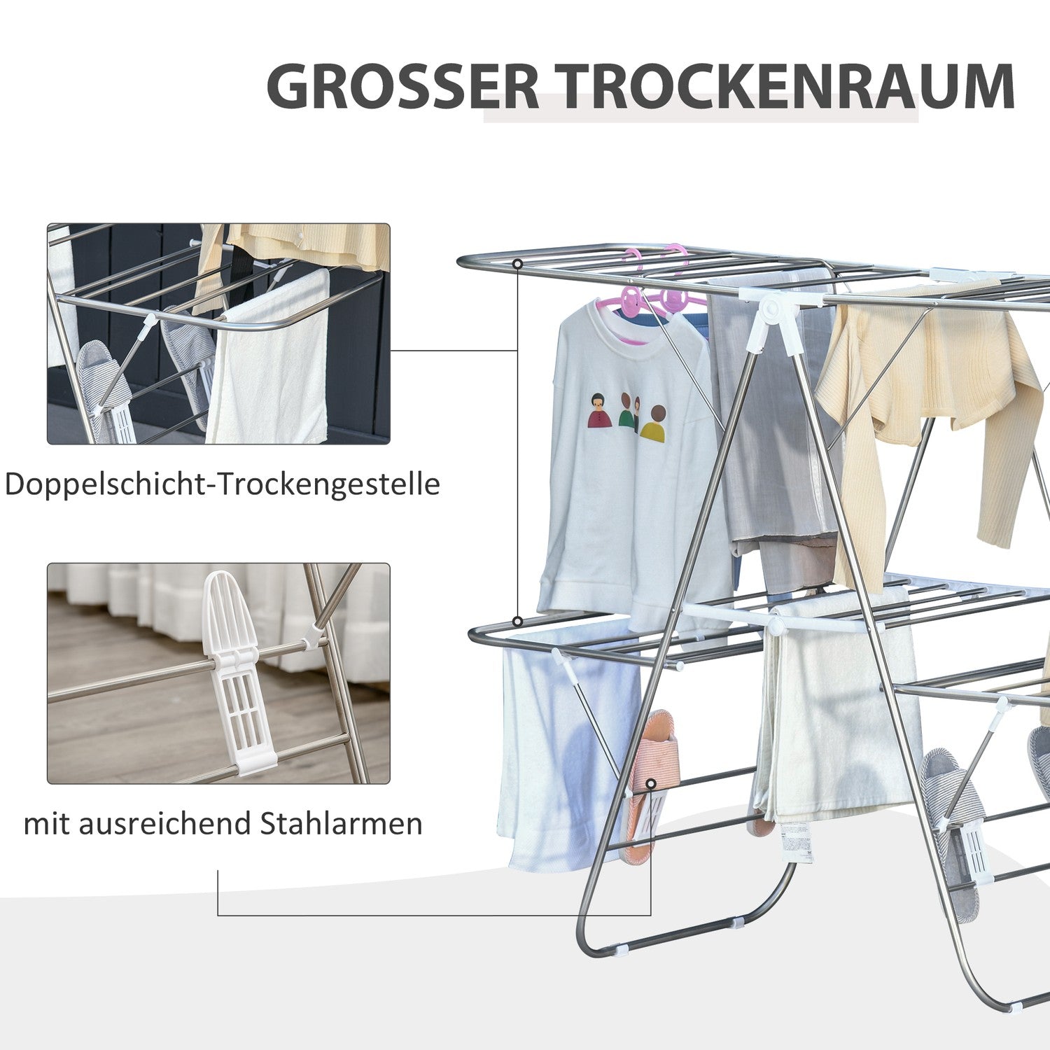 Opvouwbaar droogrek, 3 niveaus, roestvrij staal, 138 cm