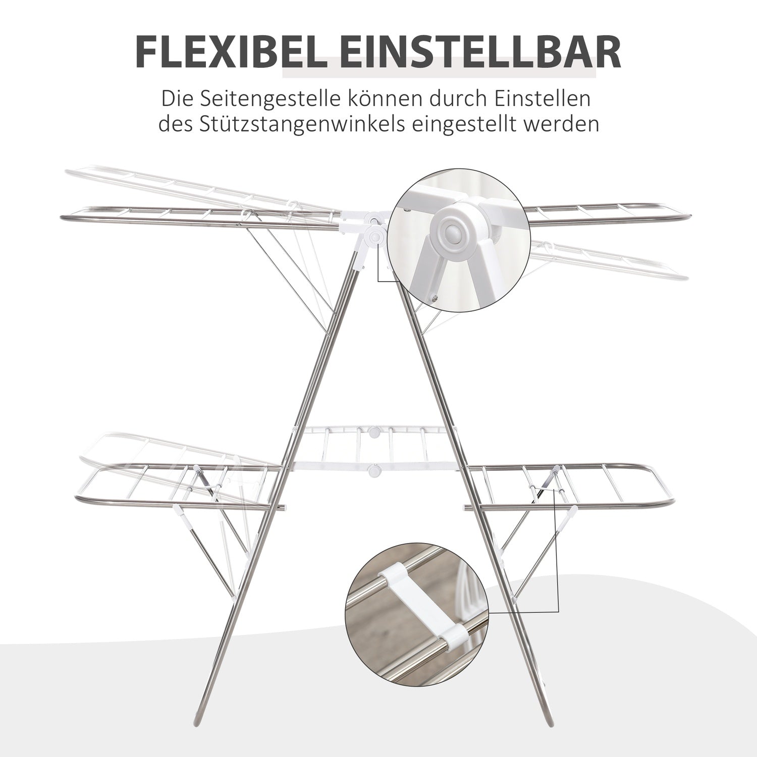 Opvouwbaar droogrek, 3 niveaus, roestvrij staal, 138 cm