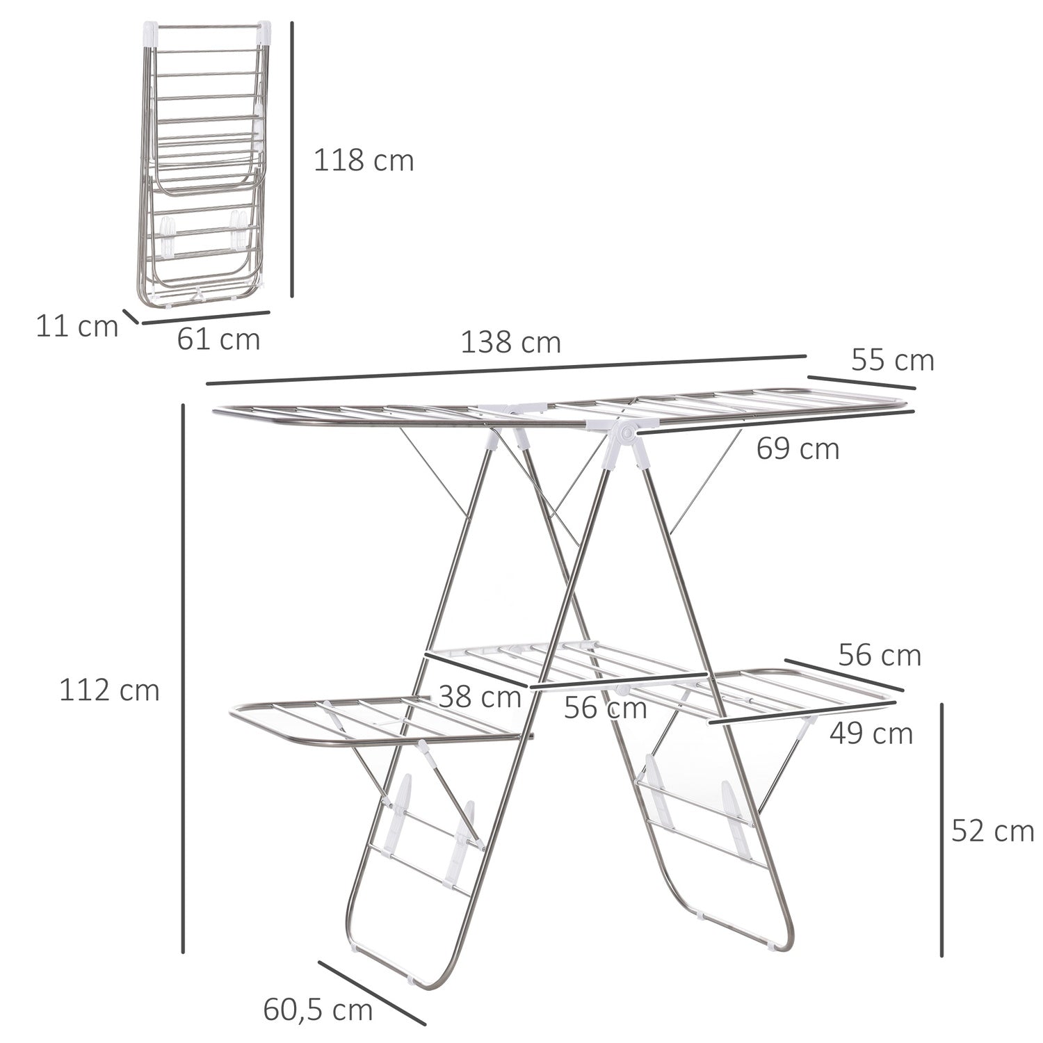 Opvouwbaar droogrek, 3 niveaus, roestvrij staal, 138 cm